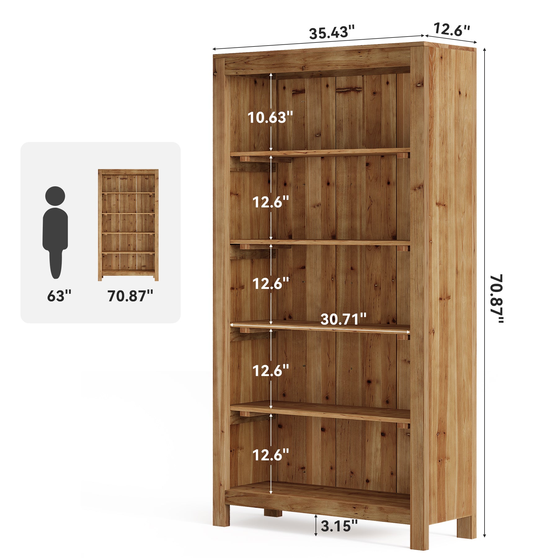 Tribesigns 5-Tier Farmhouse Bookcase with Slatted Back Panel, Solid Wood Bookshelf for Home Office and Library