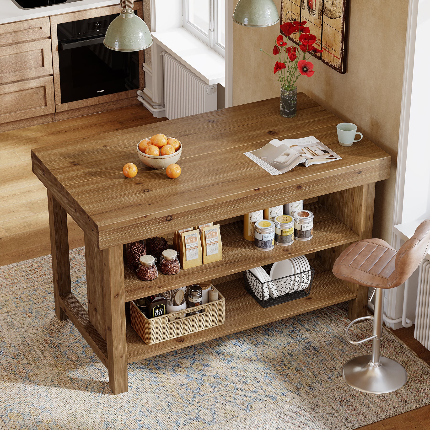 Tribesigns Solid Wood Kitchen Island Table with 2-Tier Open Storage Shelves, Farmhouse Stationary Island Table with Seating for Kitchen and Dining Room