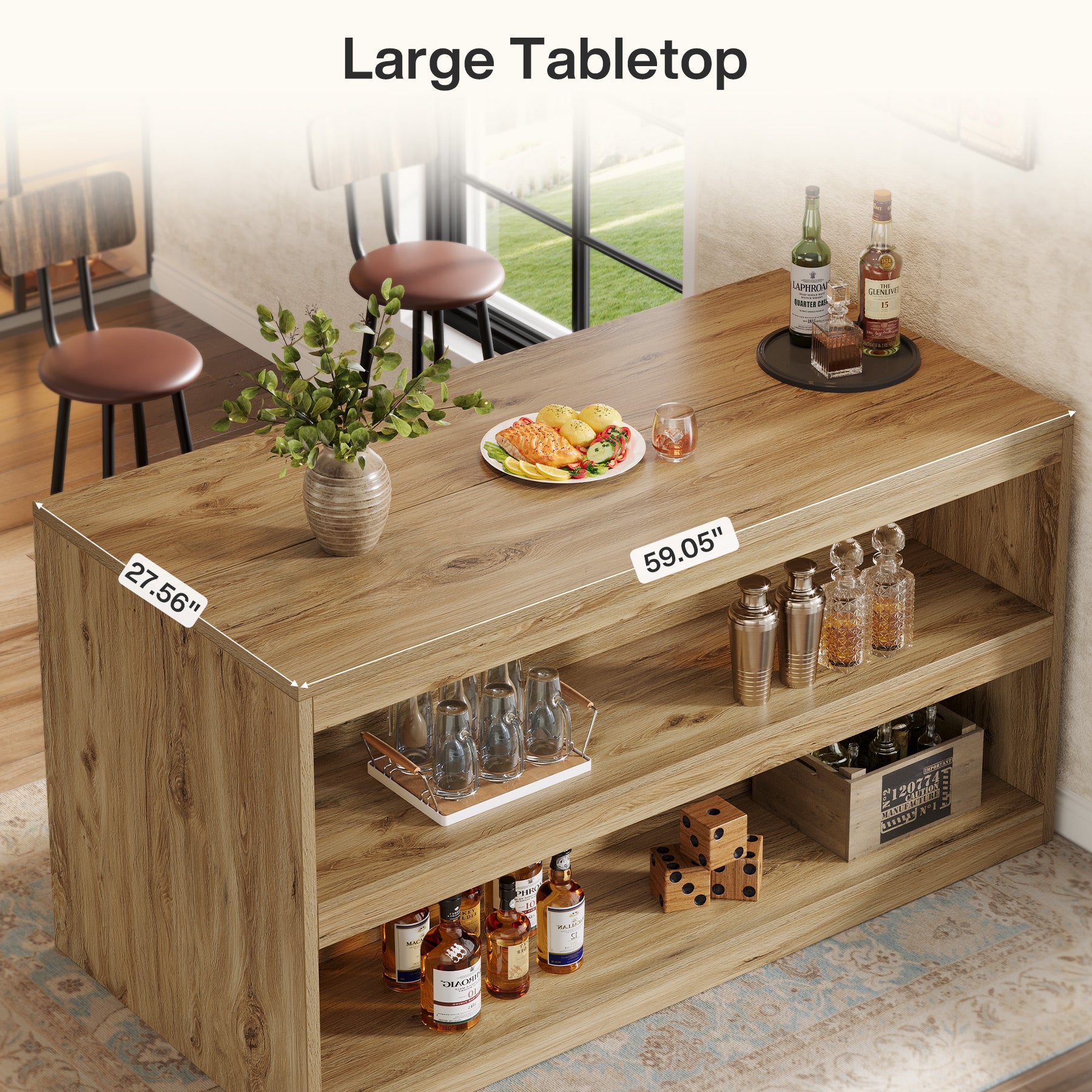 59 Inch Home Bar Table with 2-Tier Shelves, Farmhouse Pub Table for Kitchen and Bistro