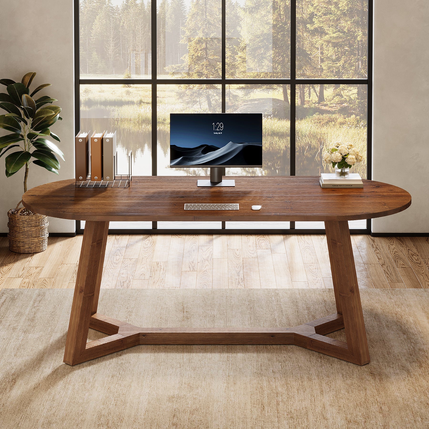 63" Solid Wood Office Desk, Oval Executive Desk with Tapered Legs