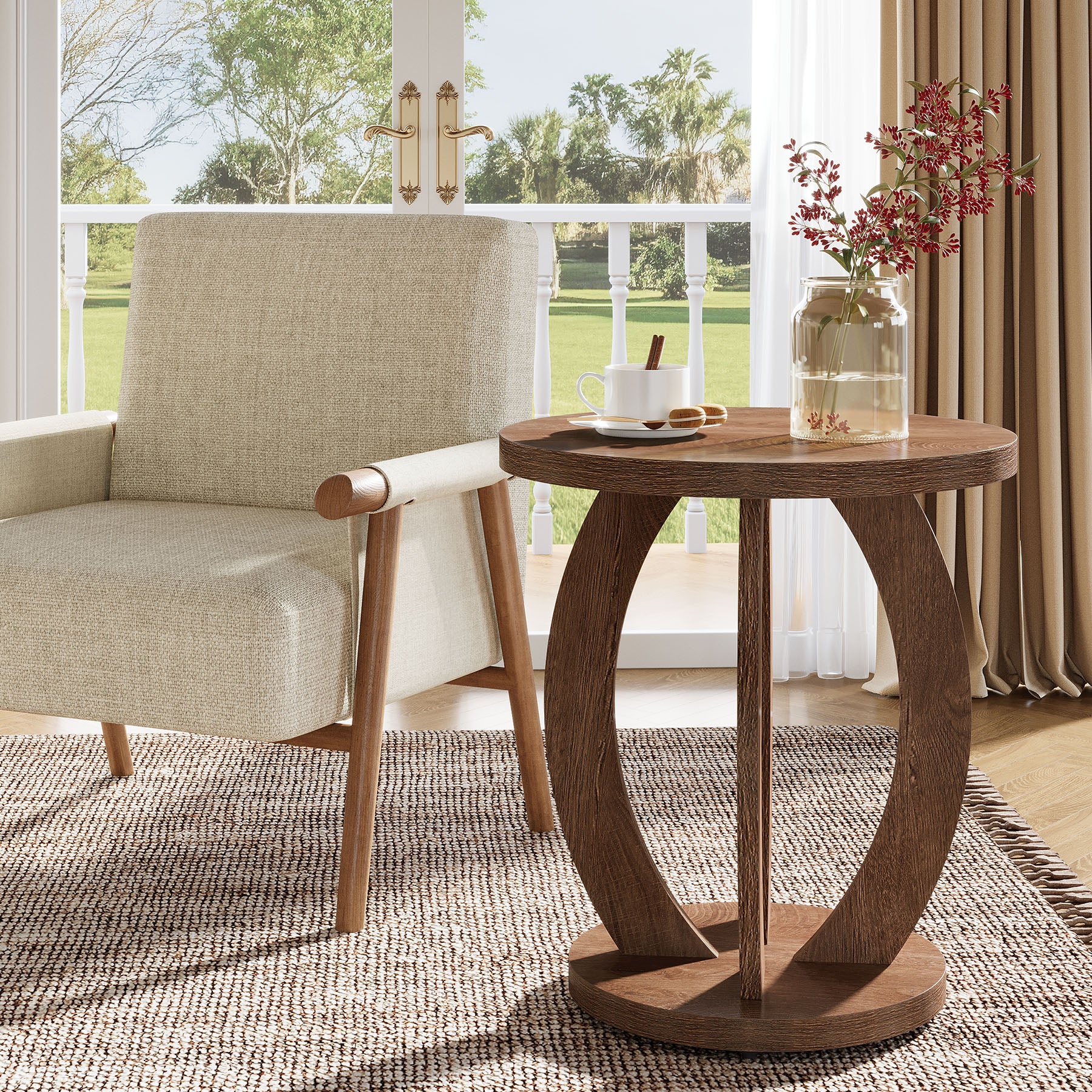 24" Round Farmhouse Nightstand - Bedside Table with Storage, Wood Base, Brown