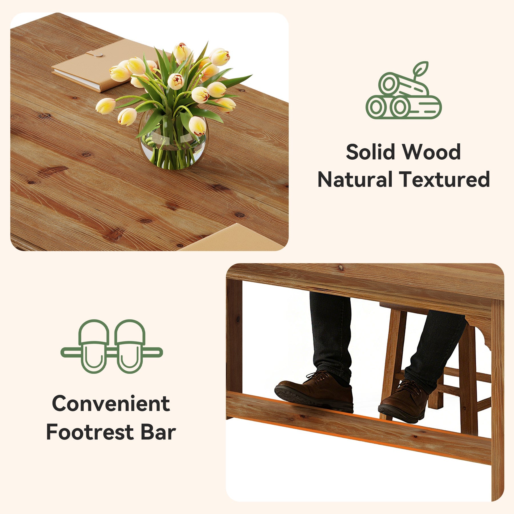 63-Inch Solid Wood Executive Desk with Foot Bar, Farmhouse Computer Desk for Home Office