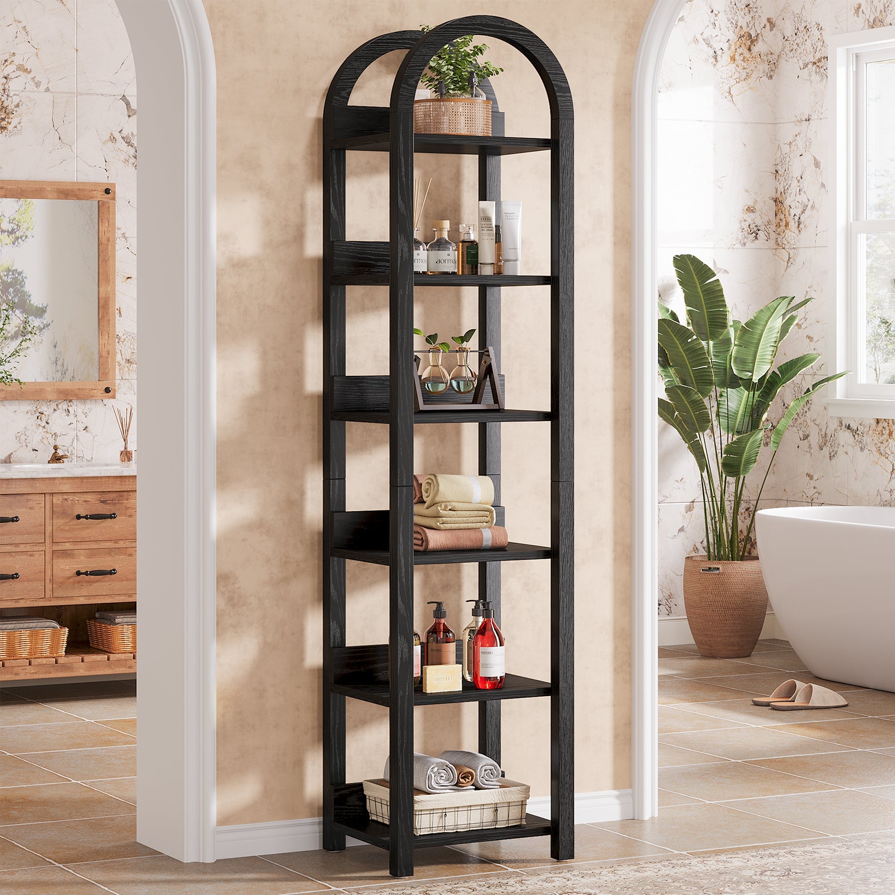 70.87-Inch 6-Tier Narrow Bookshelf with Arched Top, Tall Slim Bookcase