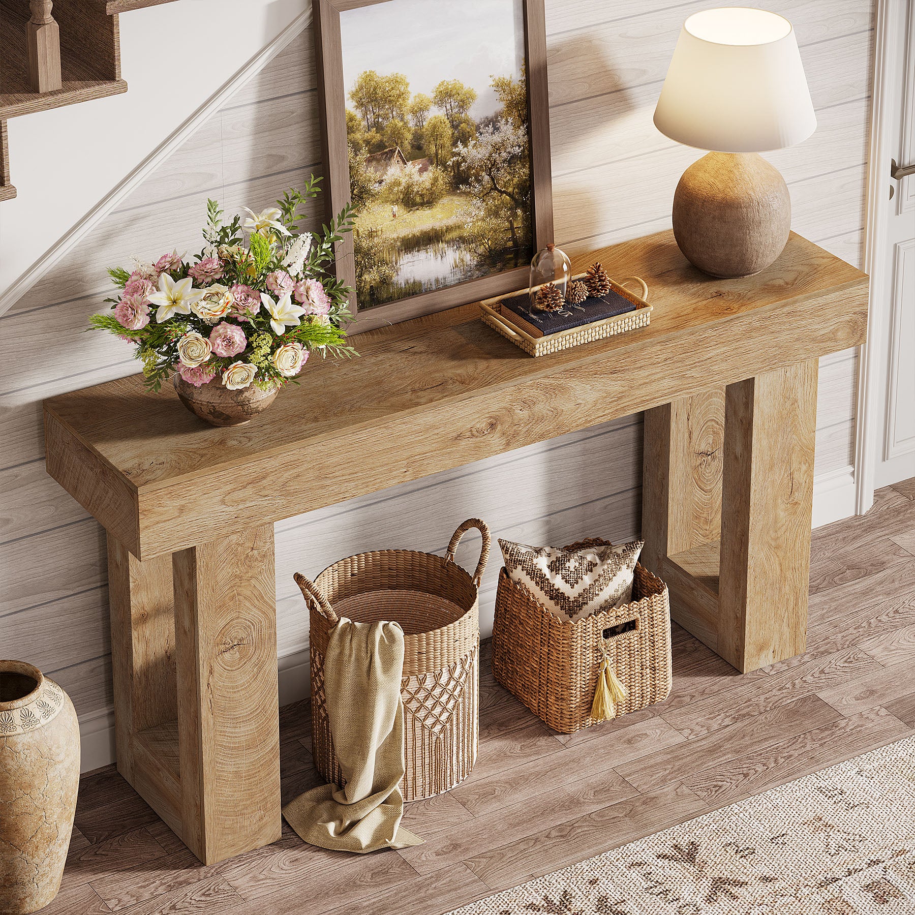 63" Farmhouse Console Table, Rectangular Wooden Accent Table for Entryway and Living Room