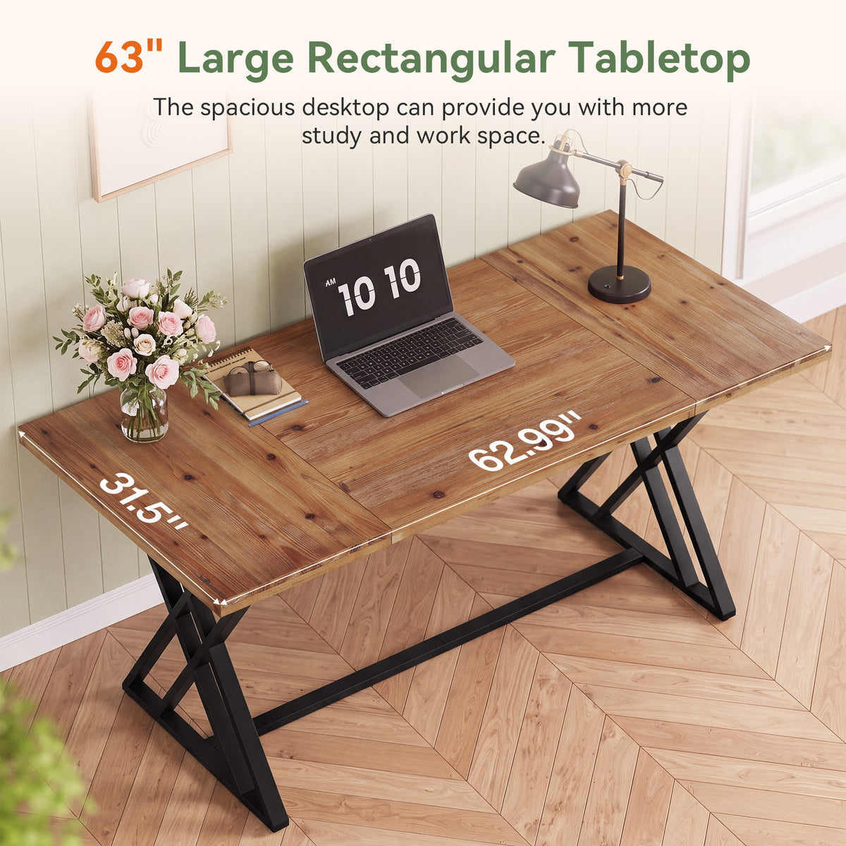Tribesigns 63 Inch Solid Wood Computer Desk with X-Shaped Metal Legs, Farmhouse Home Office Desk