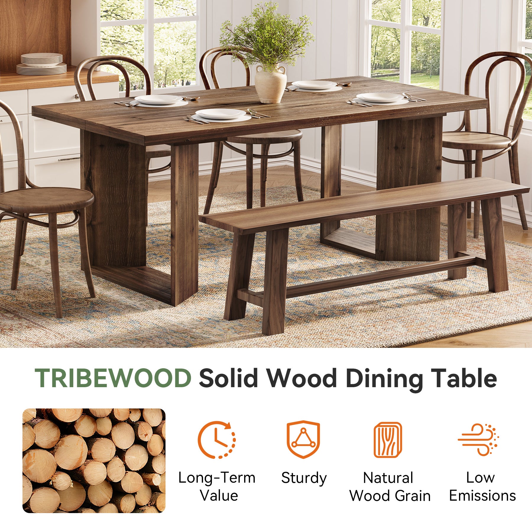 Tribesigns 63-Inch Solid Wood Dining Table for 4-6, Farmhouse Kitchen Table with U-Shaped Legs