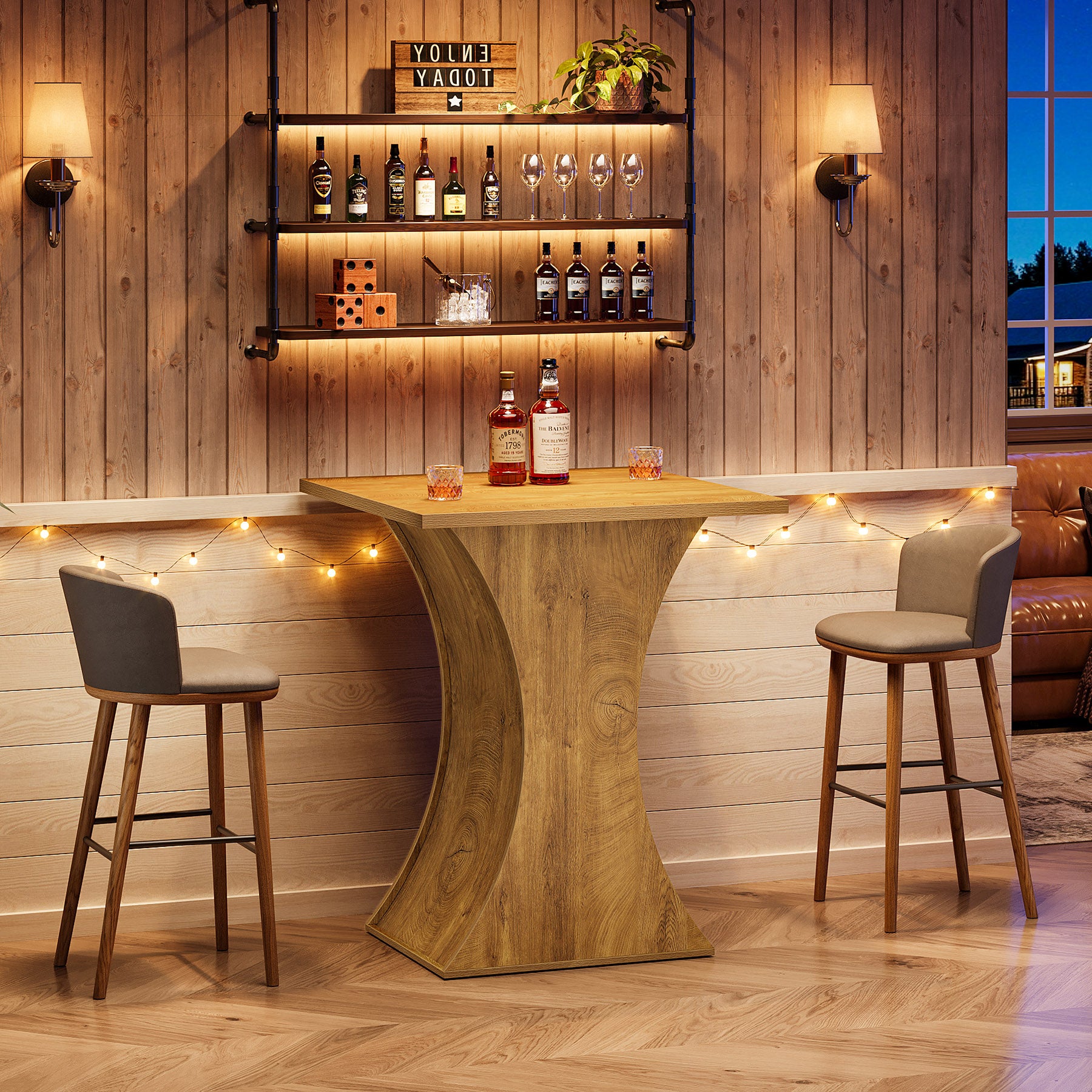 39.4 Inch Square Bar Table with Hourglass Base, Farmhouse Pub Table for Small Spaces
