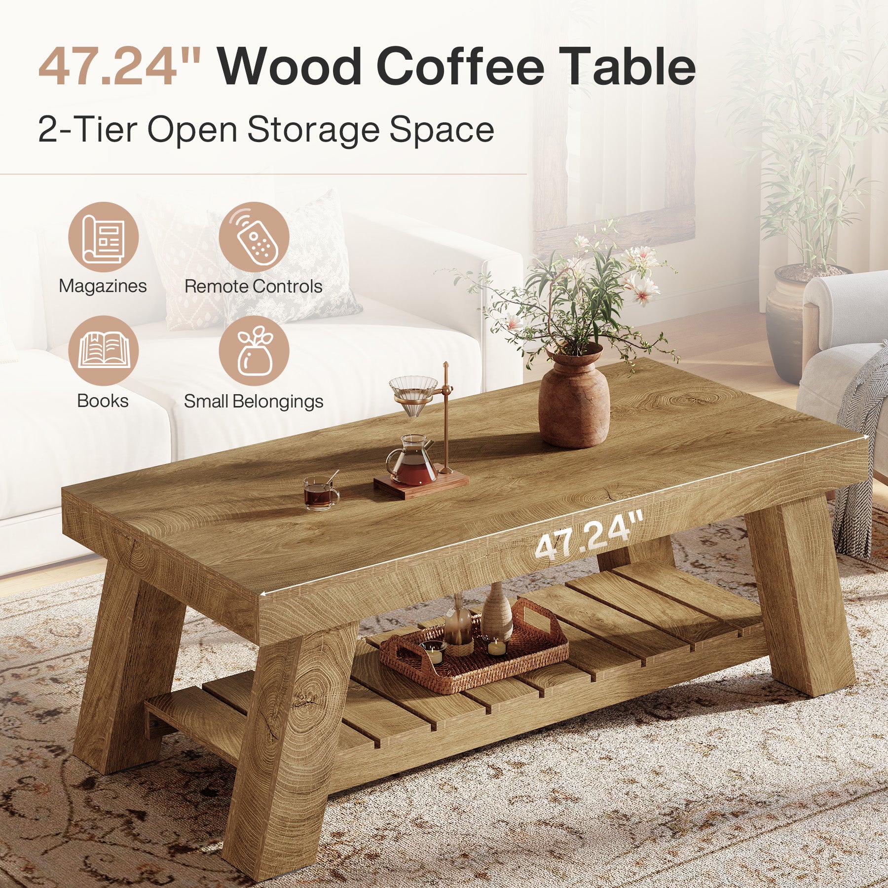 47.24-Inch Rectangular Coffee Table, Farmhouse Wood Center Table with 2-Tier Storage