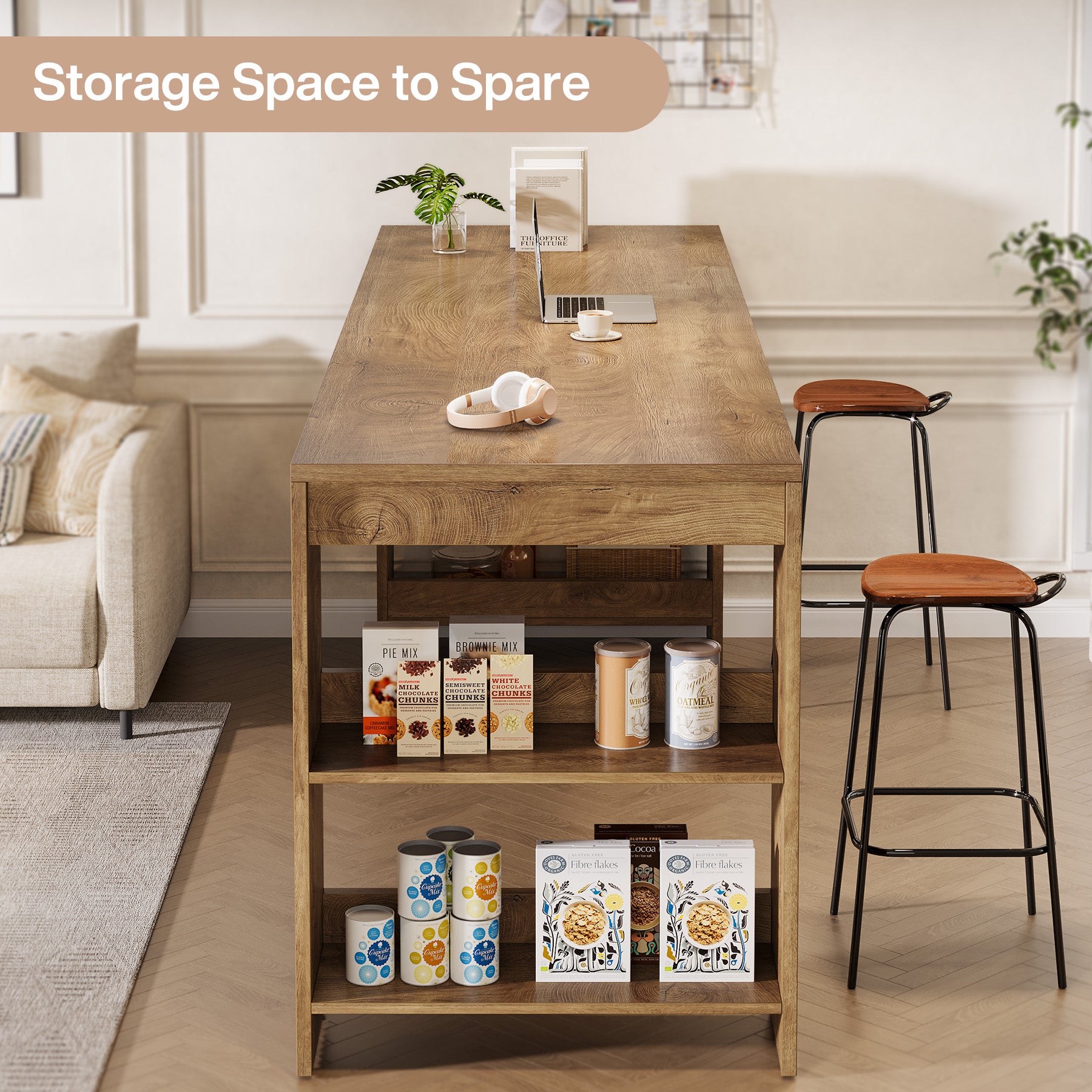 Tribesigns 63 Inch Farmhouse Kitchen Island with Double-Sided Storage Shelves