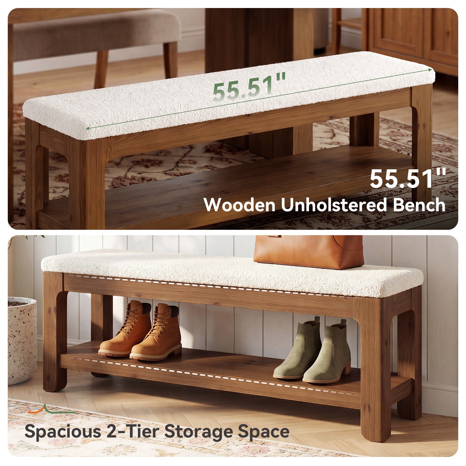 55-Inch Solid Wood Storage Bench with Faux Wool Seat, Entryway Bench for Bedroom