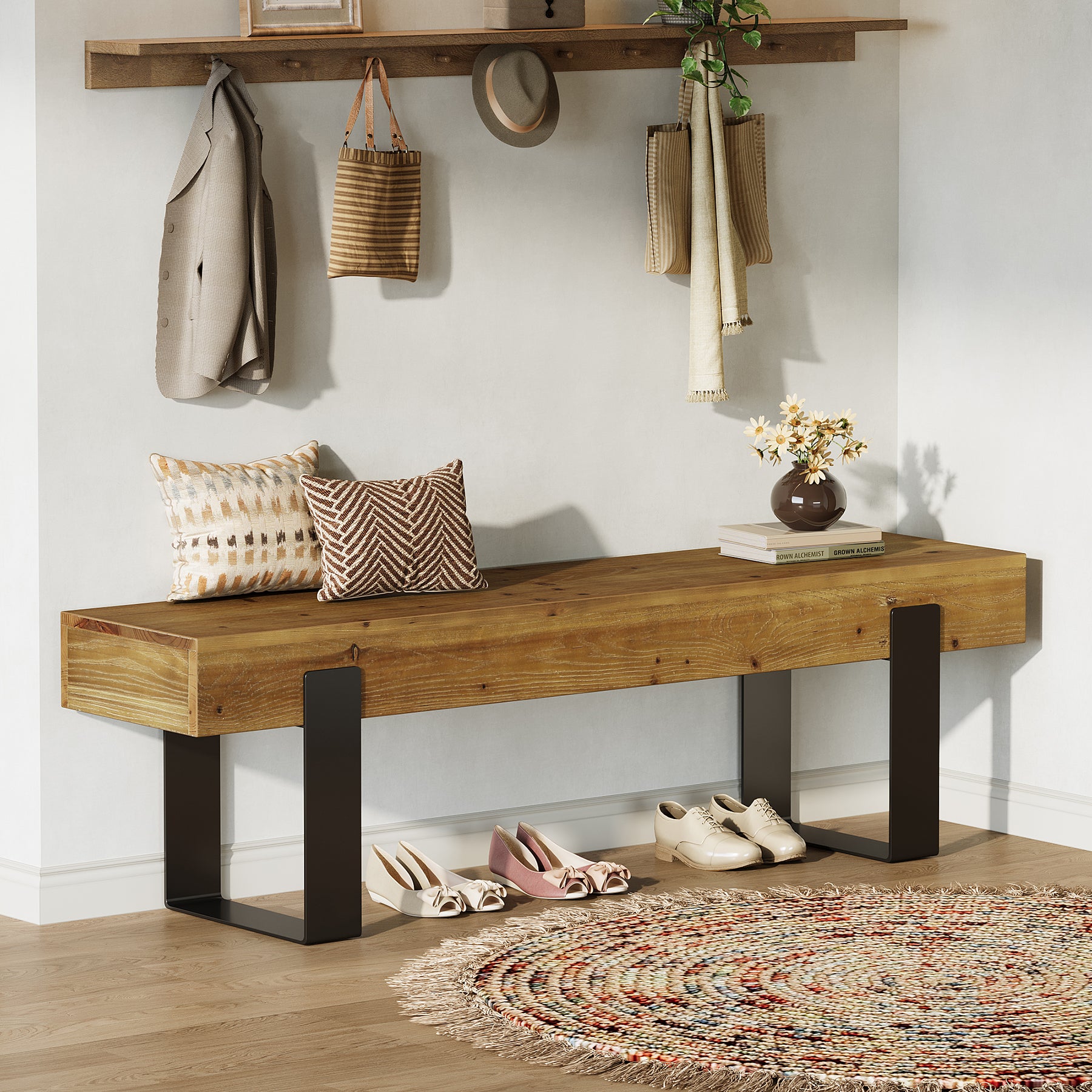 Tribesigns 63-Inch Solid Wood Entryway Bench, Farmhouse Shoe Bench with Metal Legs for Hallway
