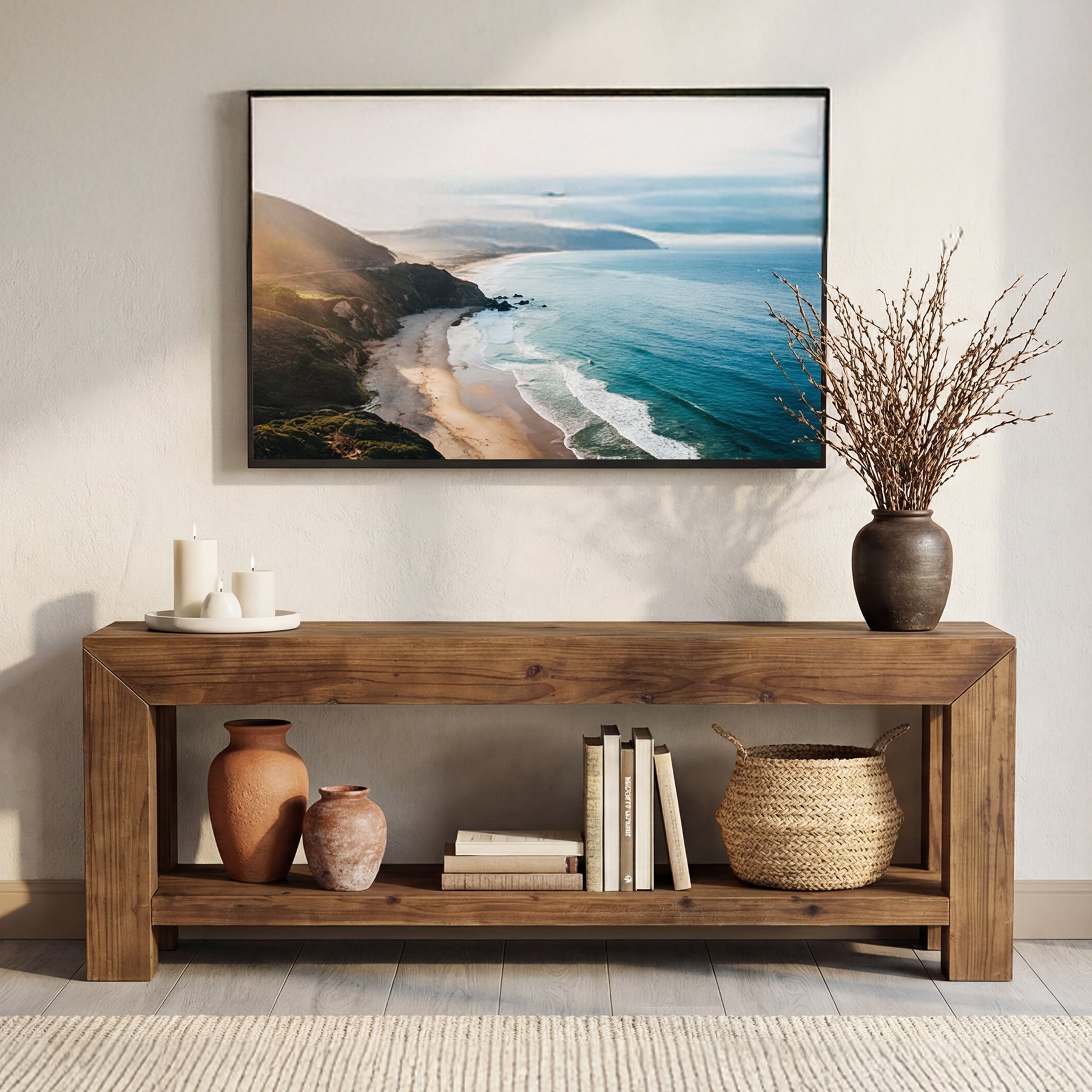 Tribesigns 63-Inch Solid Wood TV Stand for TVs up to 75 Inches with 2-Tier Open Storage Shelves