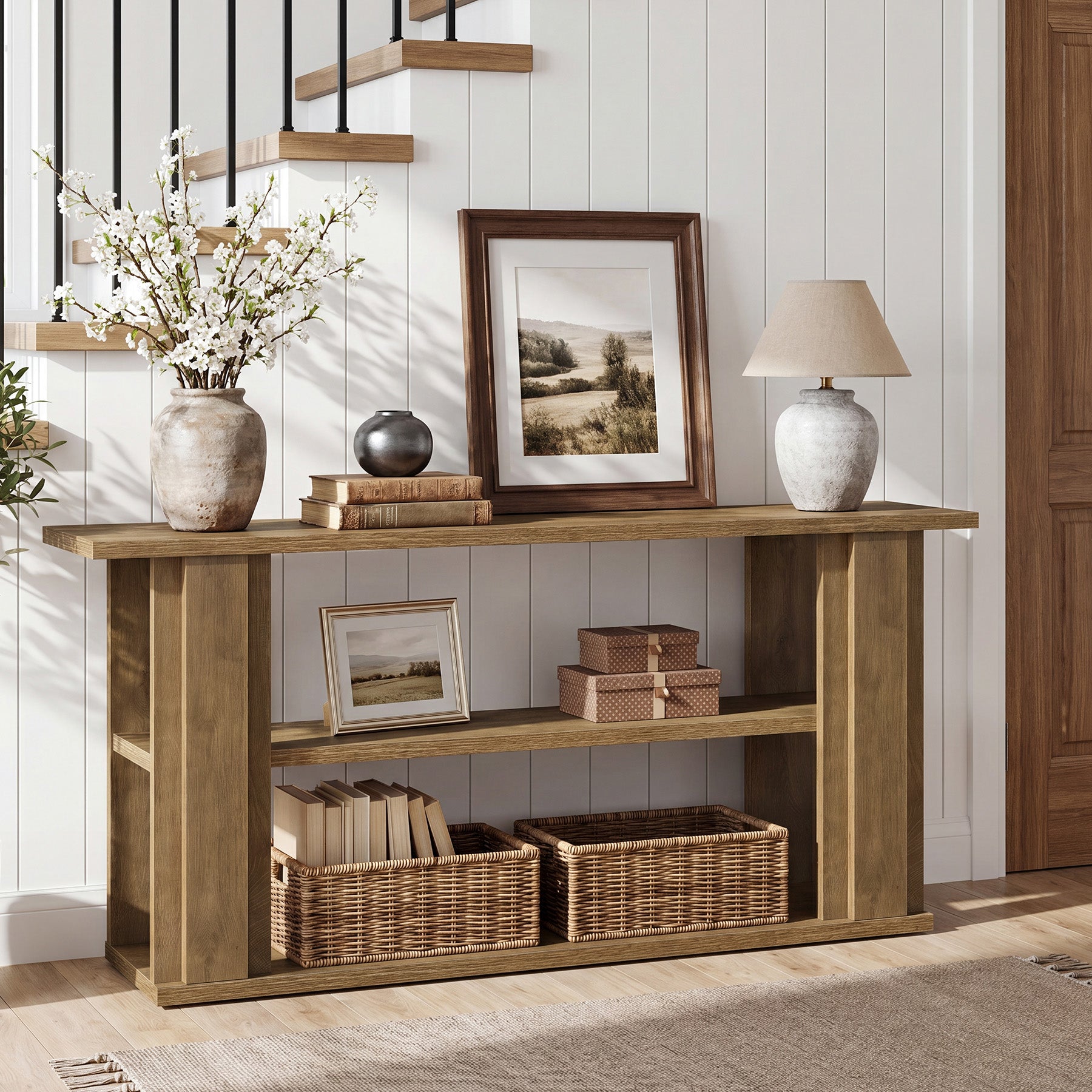 Tribesigns 63-Inch Farmhouse Console Table with 3-Tier Storage Shelves and Wide Panel Supports, Narrow Sofa Table for Living Room Hallway and Foyer