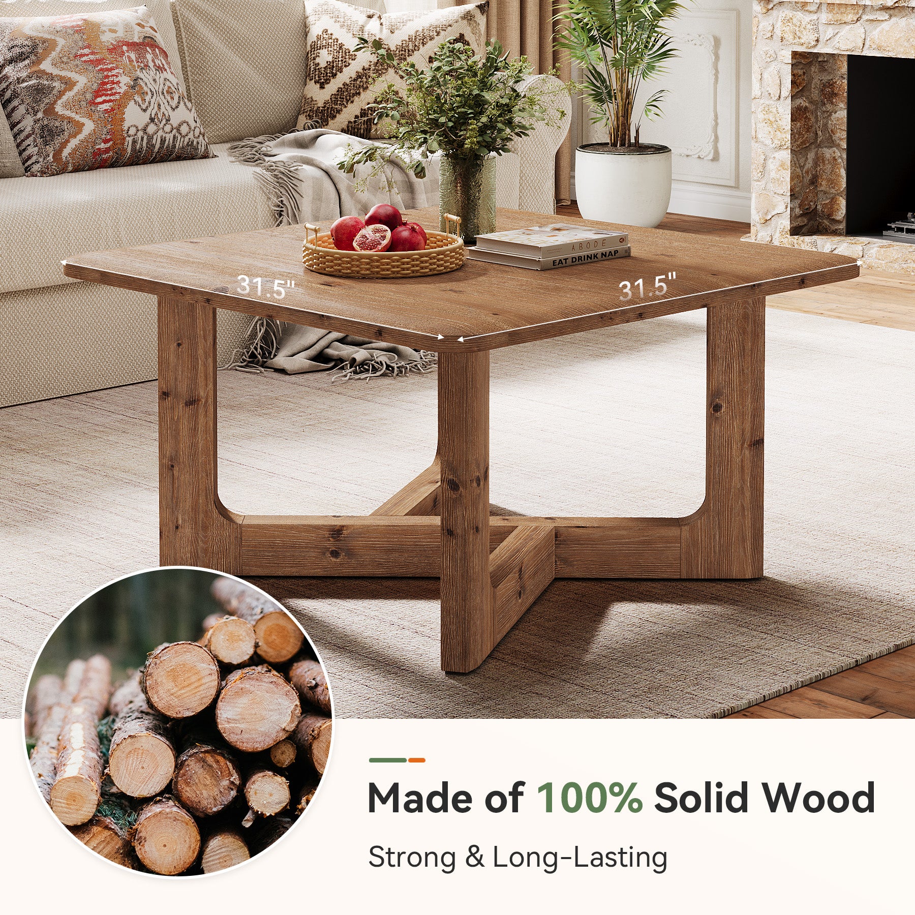 Tribesigns 31.5 Inch Square Solid Wood Coffee Table, Farmhouse Living Room Table with Sturdy Base