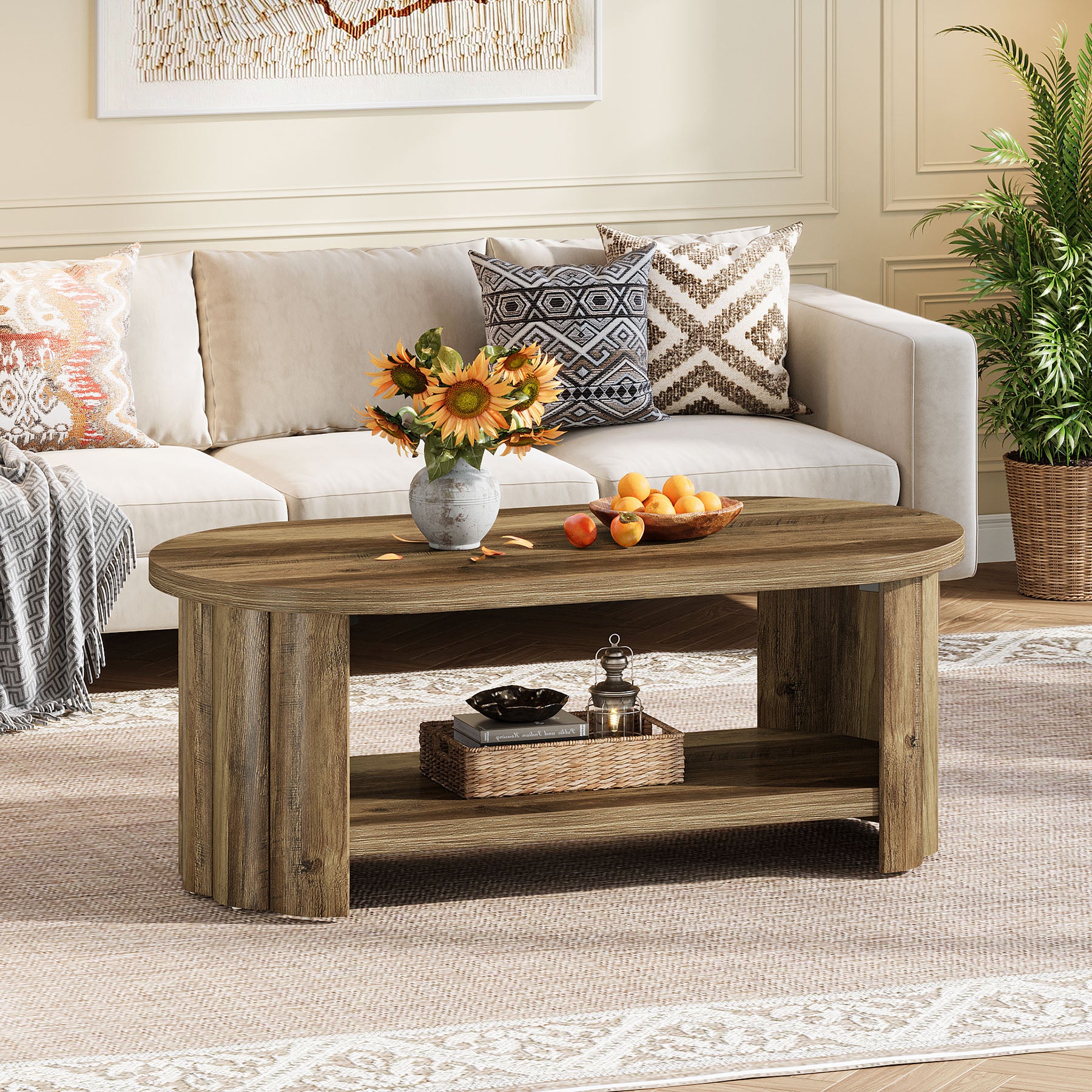 47.24-Inch Oval Coffee Table with 2-Tier Storage Shelf and Dual Base, Farmhouse Accent Center Table