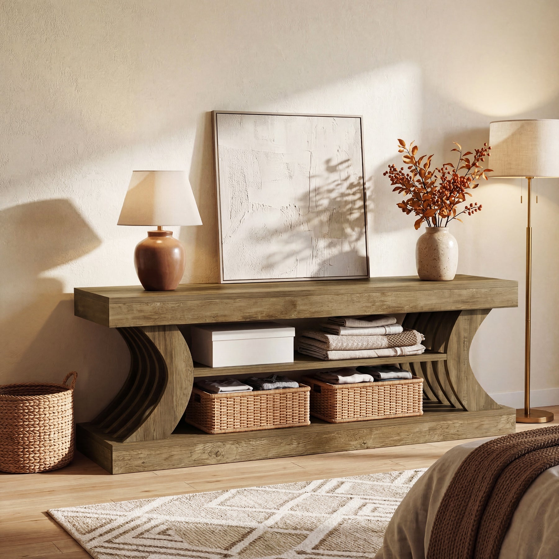 Tribesigns 63-Inch Farmhouse TV Stand with 3-Tier Storage, Curved Media Console for Living Room