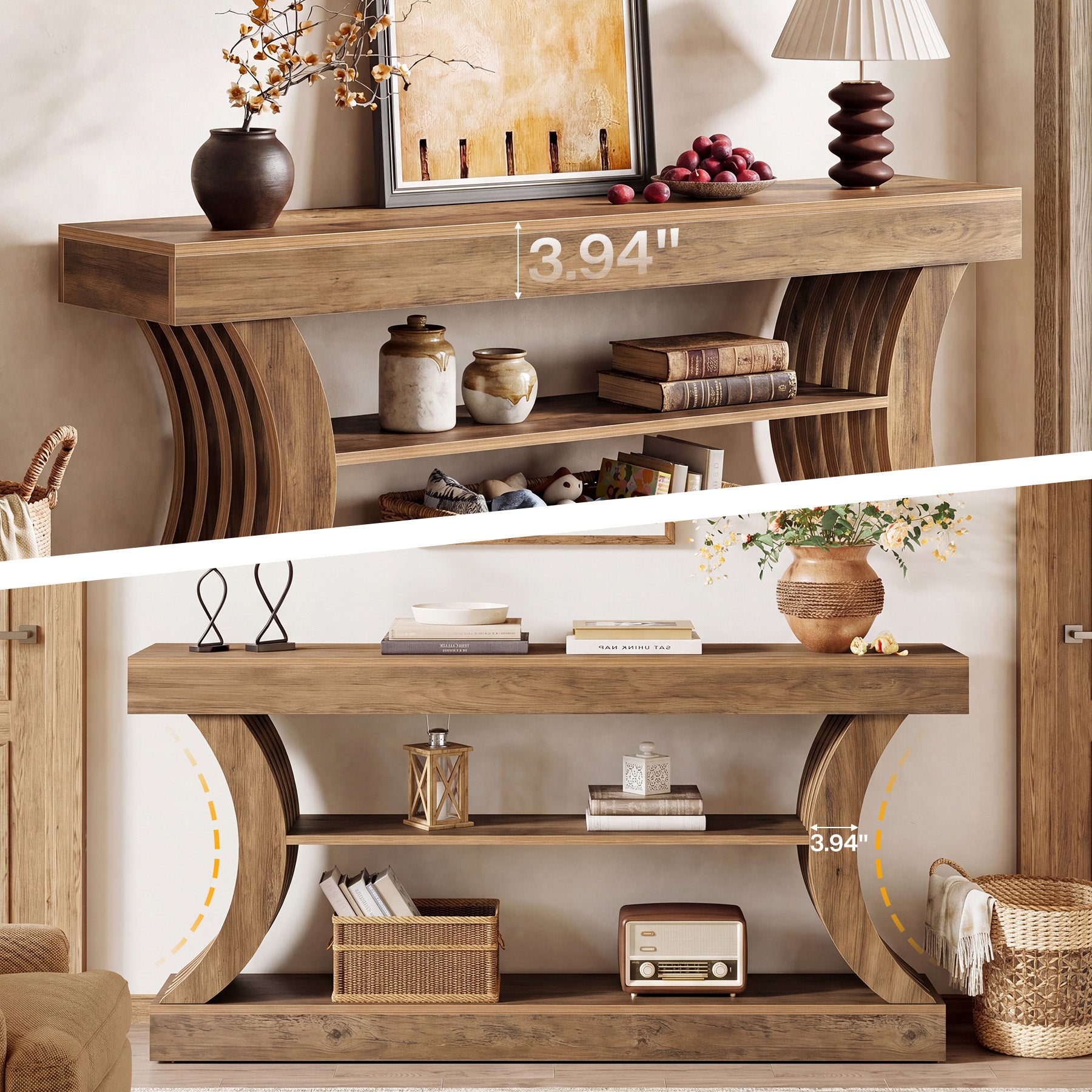 70.9-Inch 3-Tier Console Table with Curved Base, Farmhouse Hallway Table with Storage