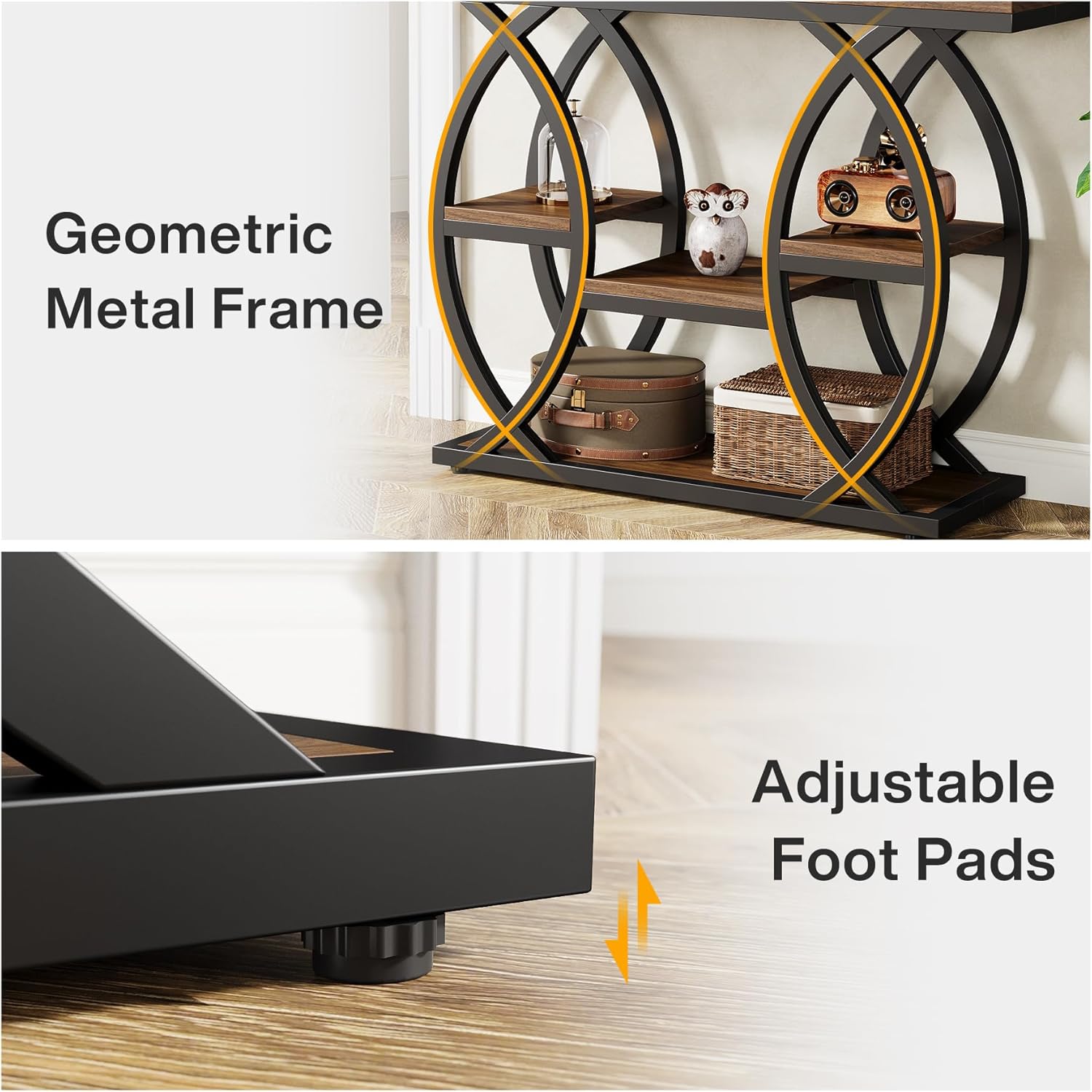 39.4" Industrial Console Table - 4-Tier Narrow Sofa Table with Metal Frame & Storage, Rustic Brown