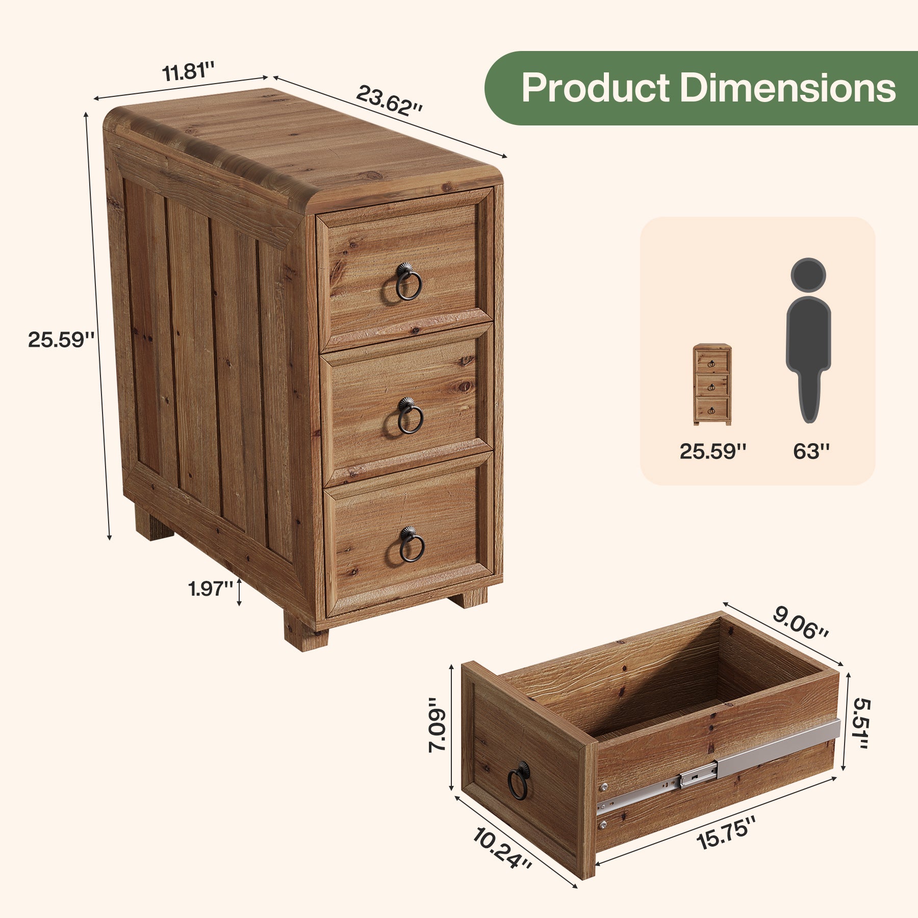 Tribesigns 11.81 Inch Narrow Solid Wood Side Table with 3 Drawers, Slim Bedside Table for Bedroom