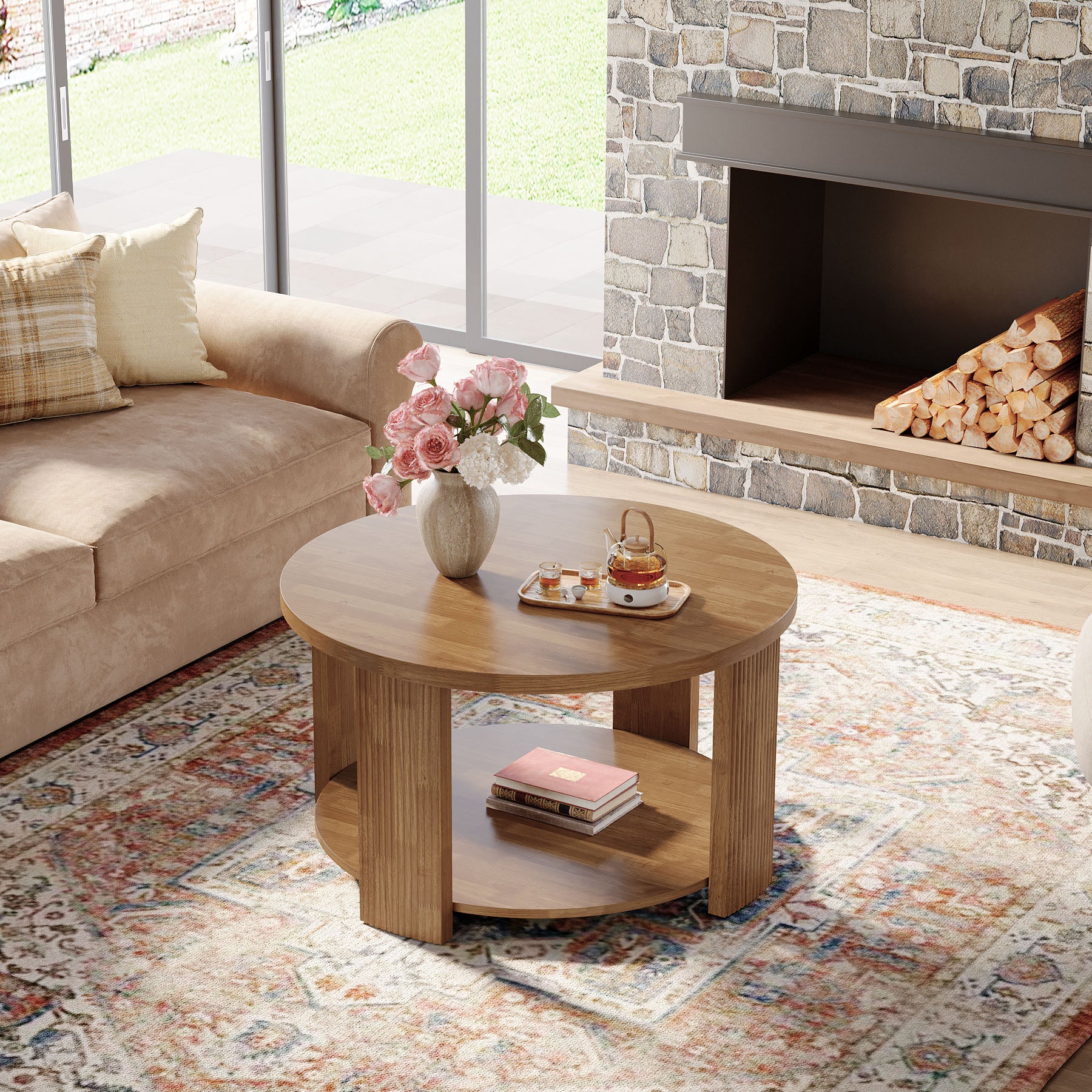 31.5 Inch Round Coffee Table with 2 Tier Storage, Mid Century Modern Farmhouse Accent Table