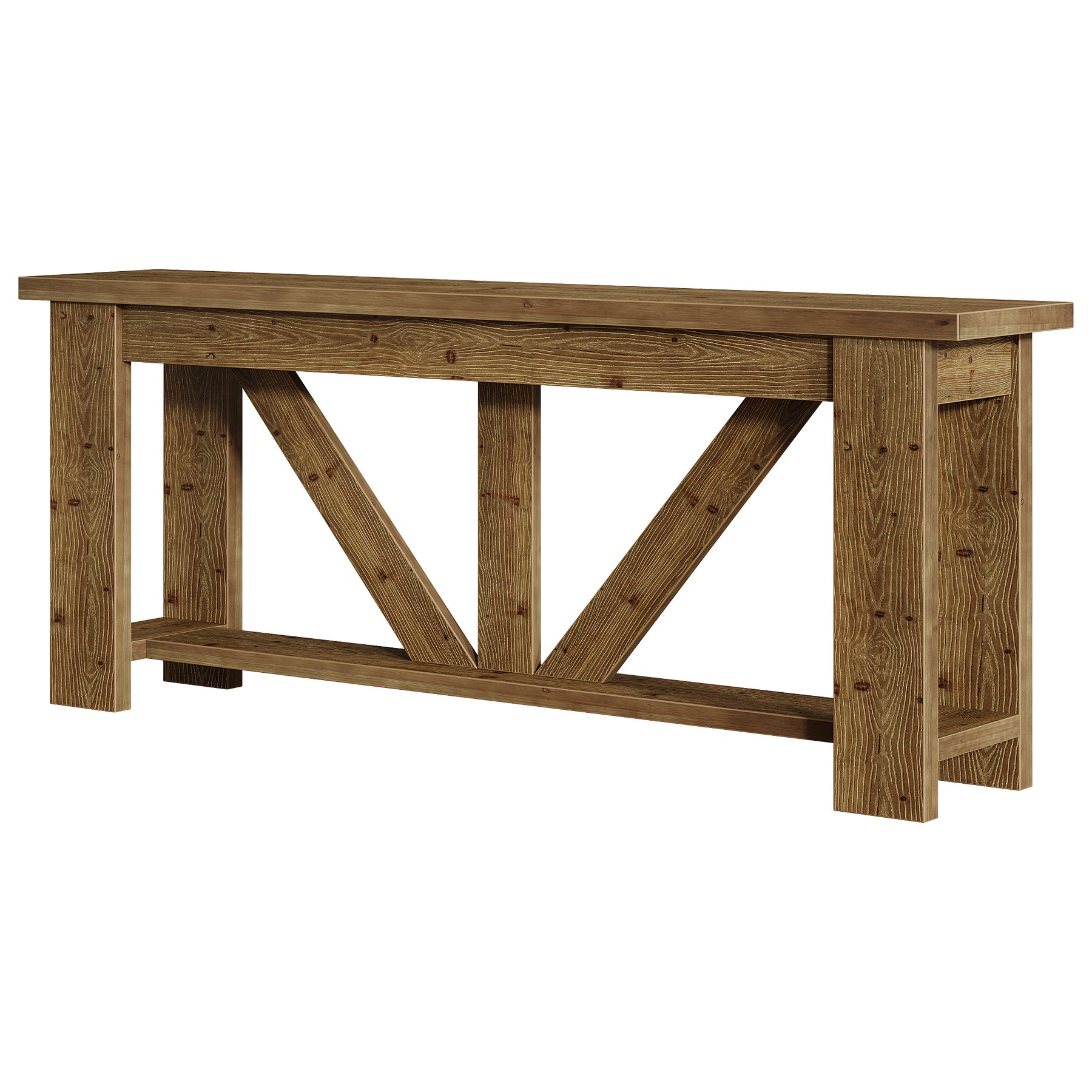 70.9-Inch Solid Wood Console Table with Triangular Base, 2-Tier Sofa Table for Hallway