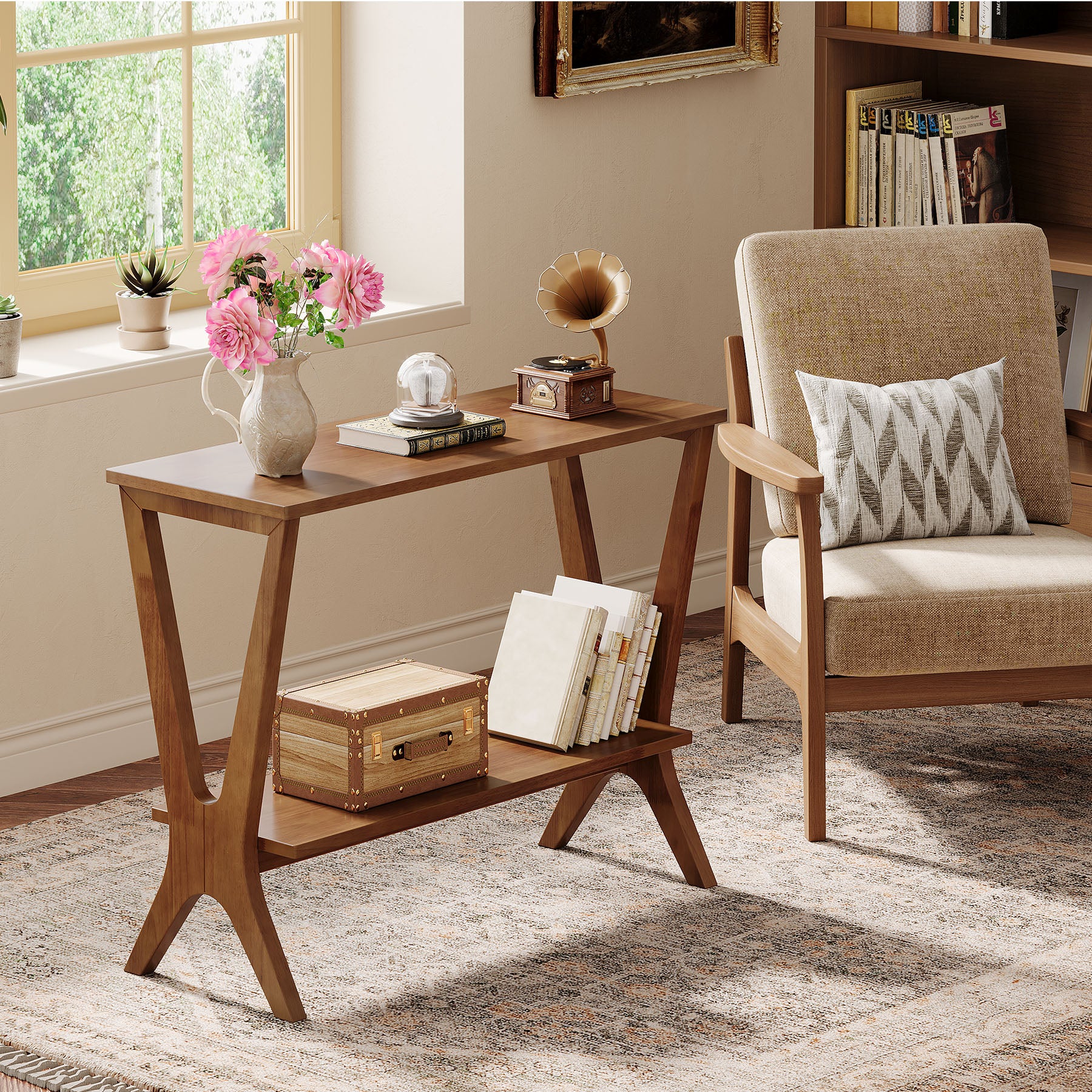 Tribesigns 23.62-Inch Narrow End Table, 2-Tier Solid Wood Side Table with Storage Shelves for Living Room