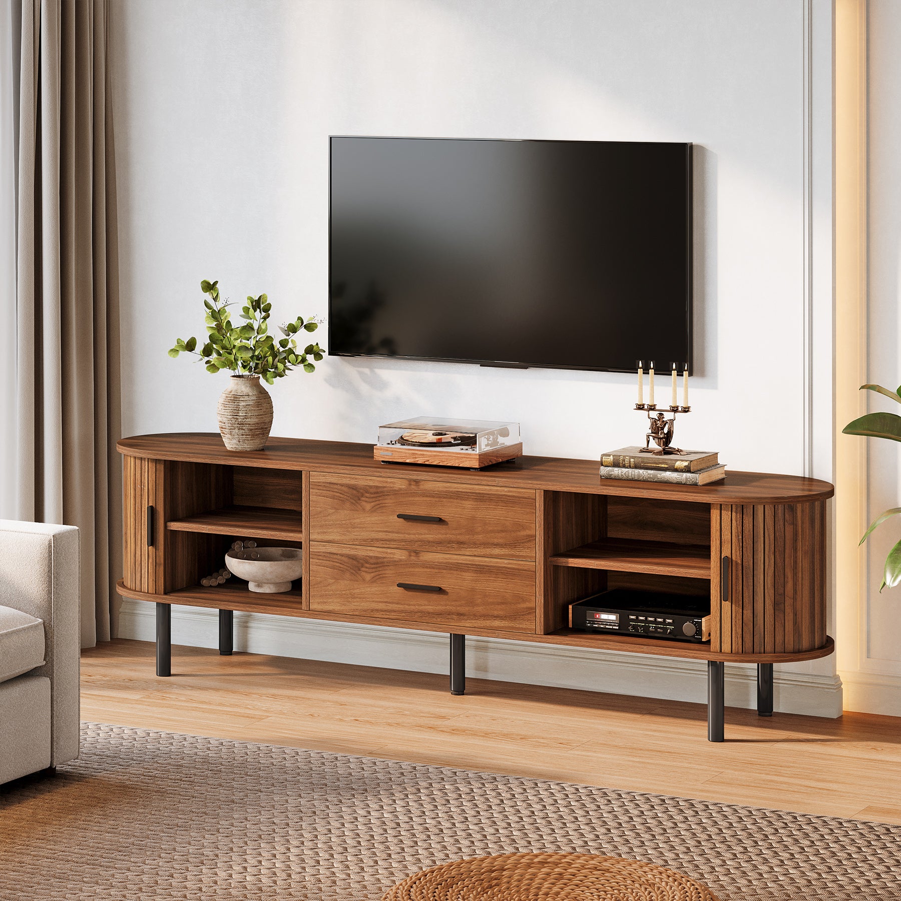 70-Inch TV Stand with Sliding Tambour Door, Mid-Century Media Console for 75-Inch TVs