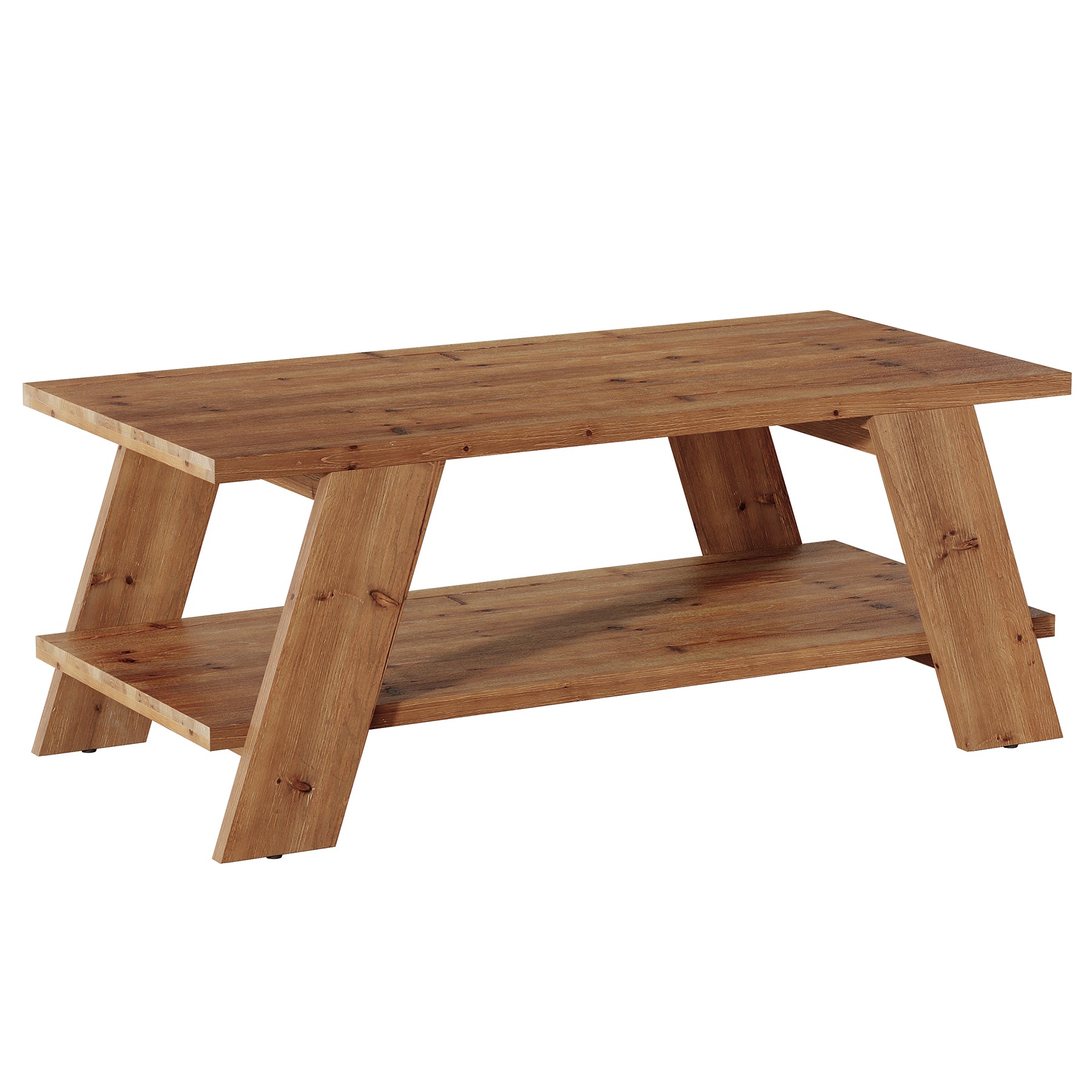 47-Inch Solid Wood Coffee Table with 2-Tier Storage, Farmhouse Rectangle Centre Table for Living Room