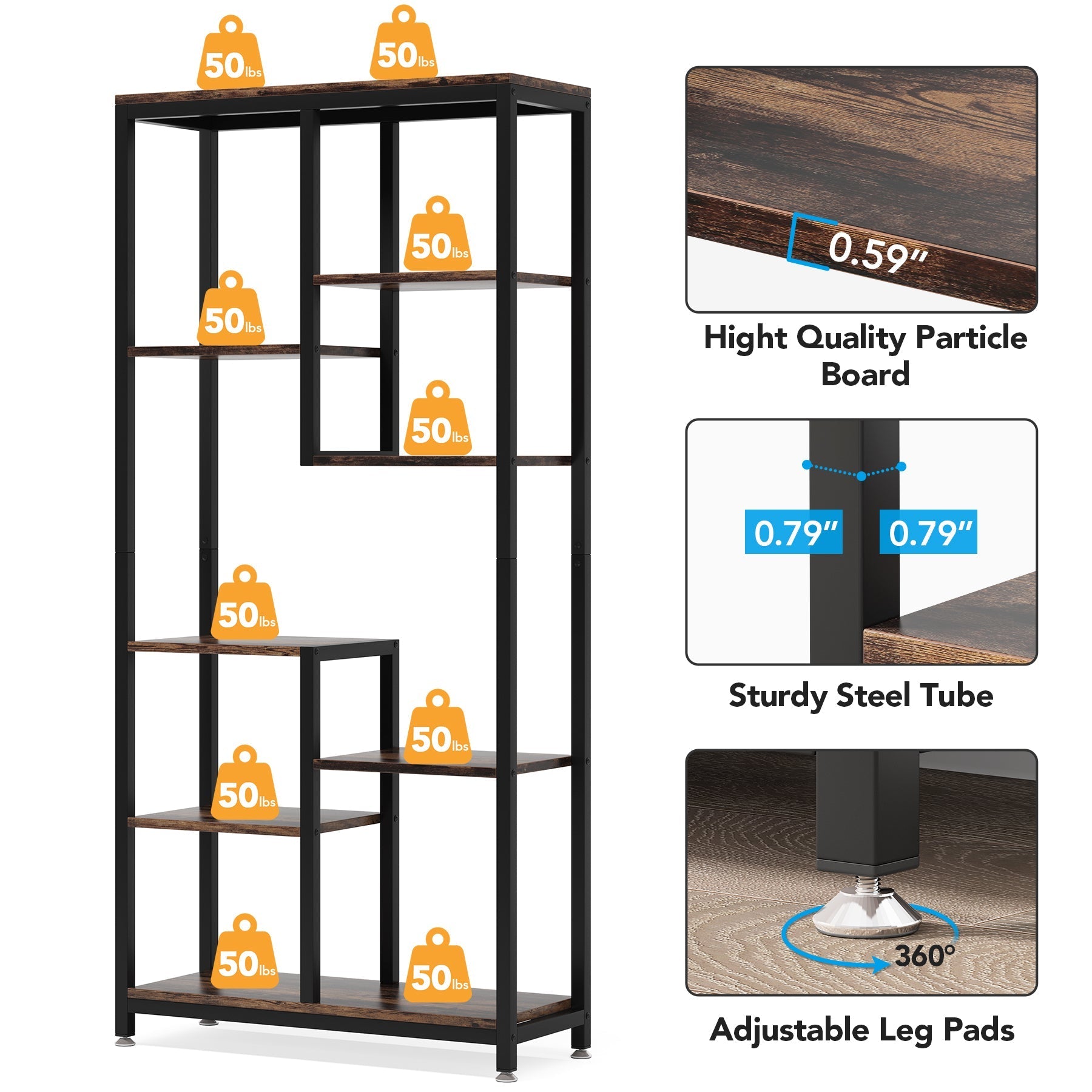 8-shelf Bookshelf, Industrial Open Bookcase Storage Display Rack Tribesigns