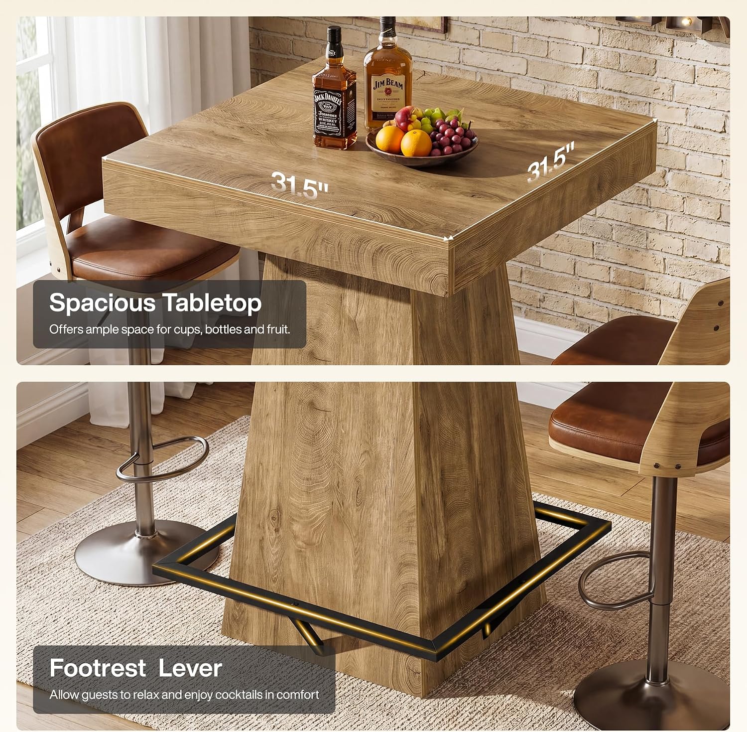 31.5-Inch Square Bar Table with 37.4-Inch Height and Metal Footrest for Dining Room and Bistro