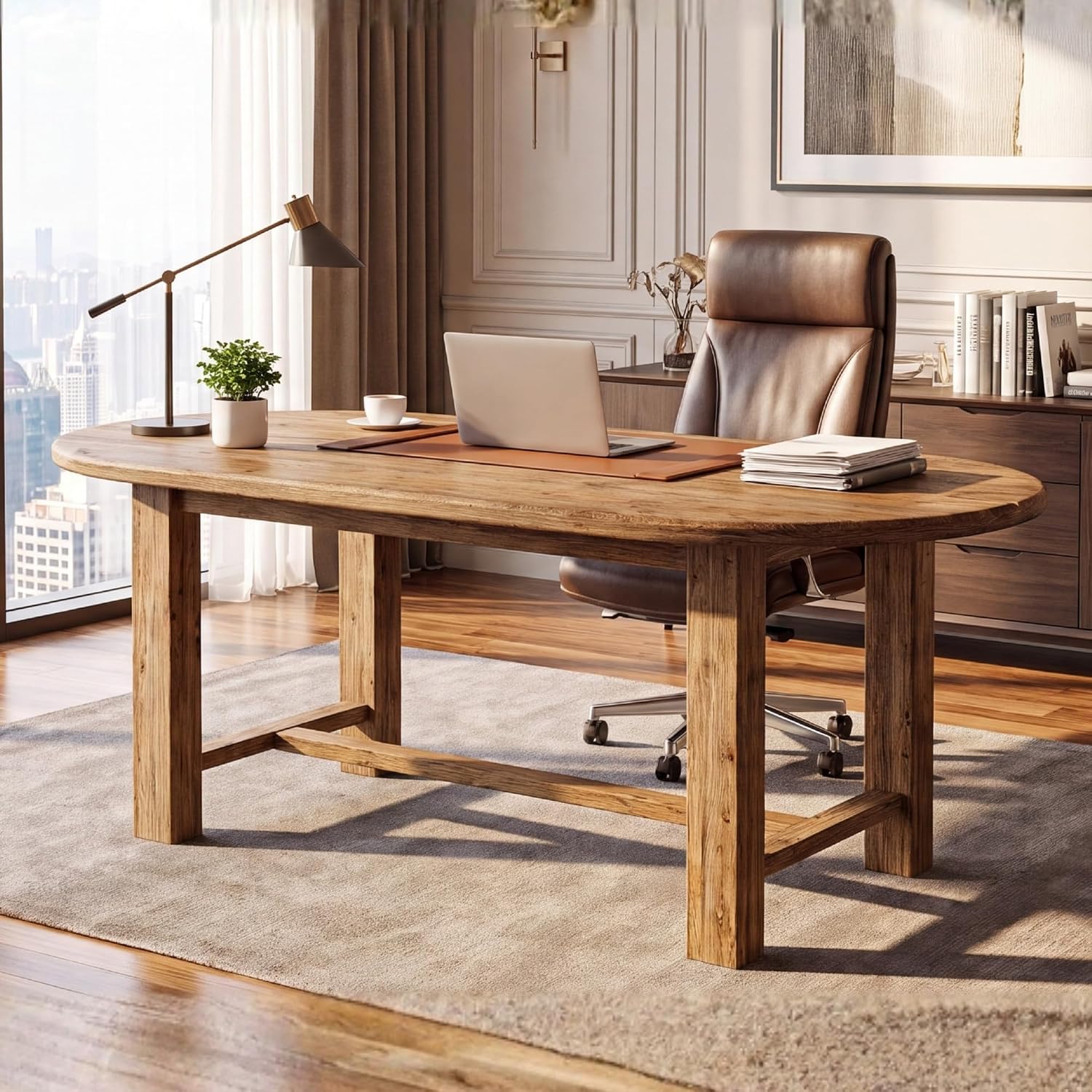 Tribesigns 63 Inch Solid Fir Wood Executive Desk with Crossbar, Oval Workstation for Home Office