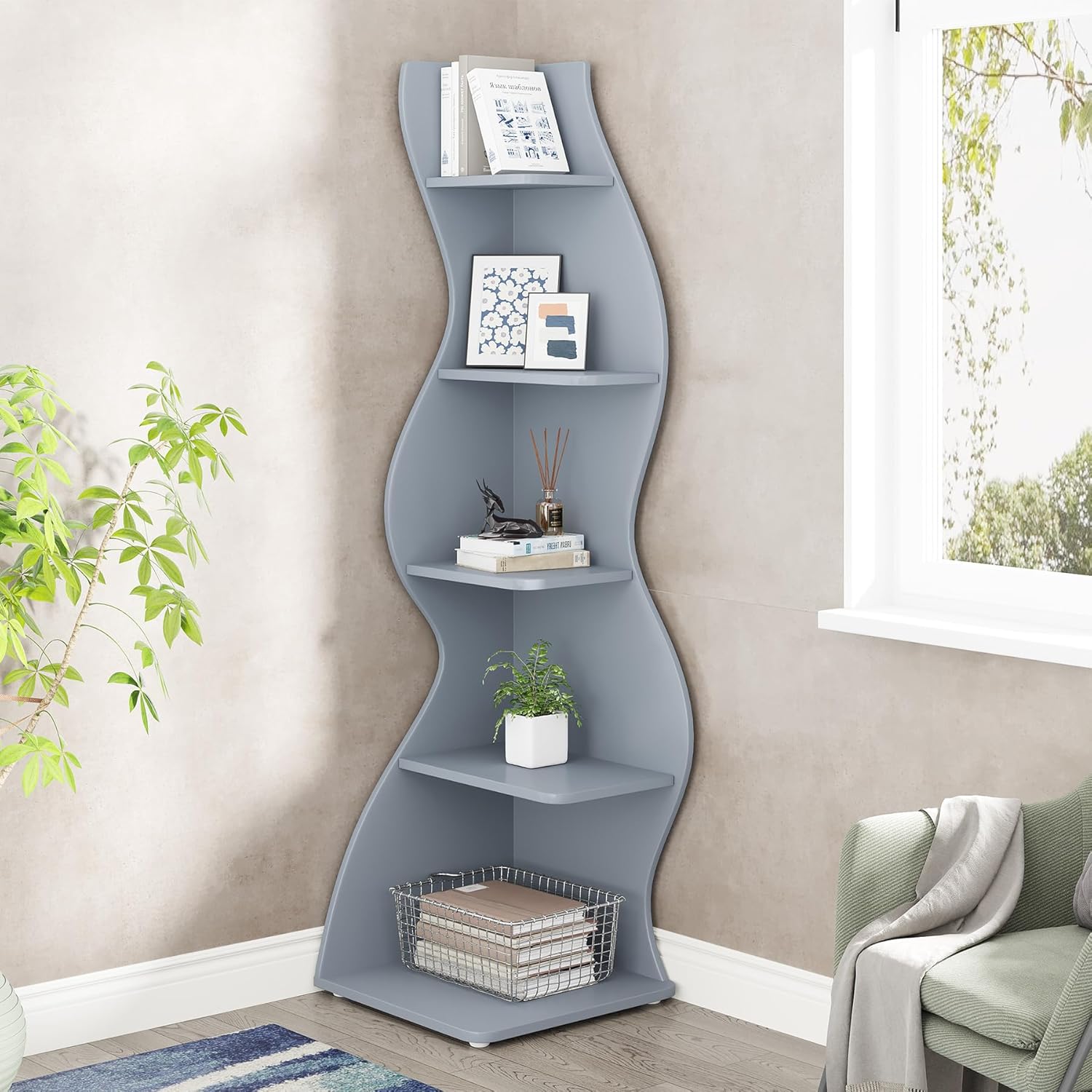 Modern 5-Tier Wall Corner Bookshelf Bookcase