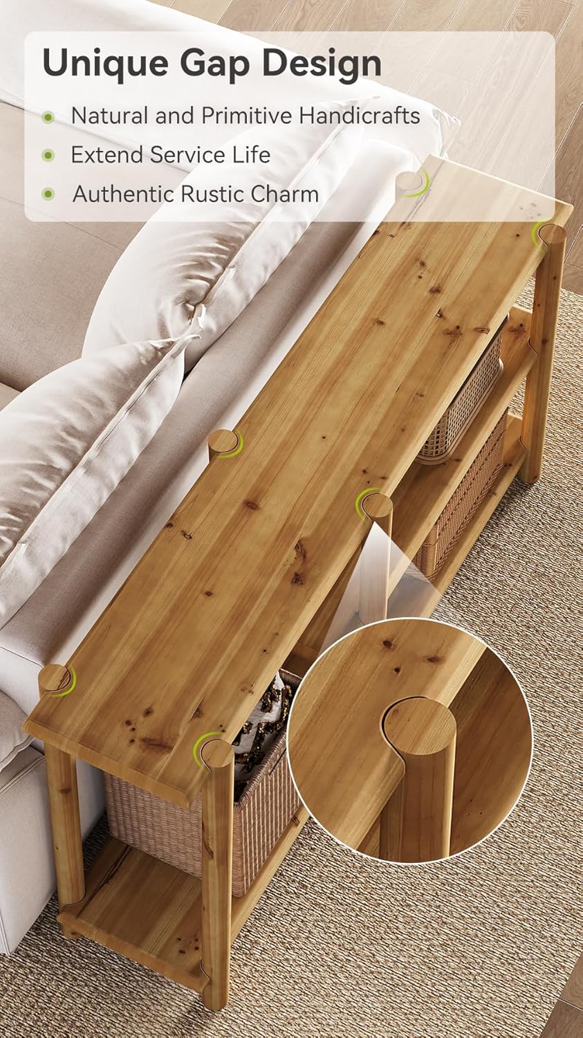 Solid Wood Console Table 63", Three-Tier Farmhouse Sofa Table with Storage