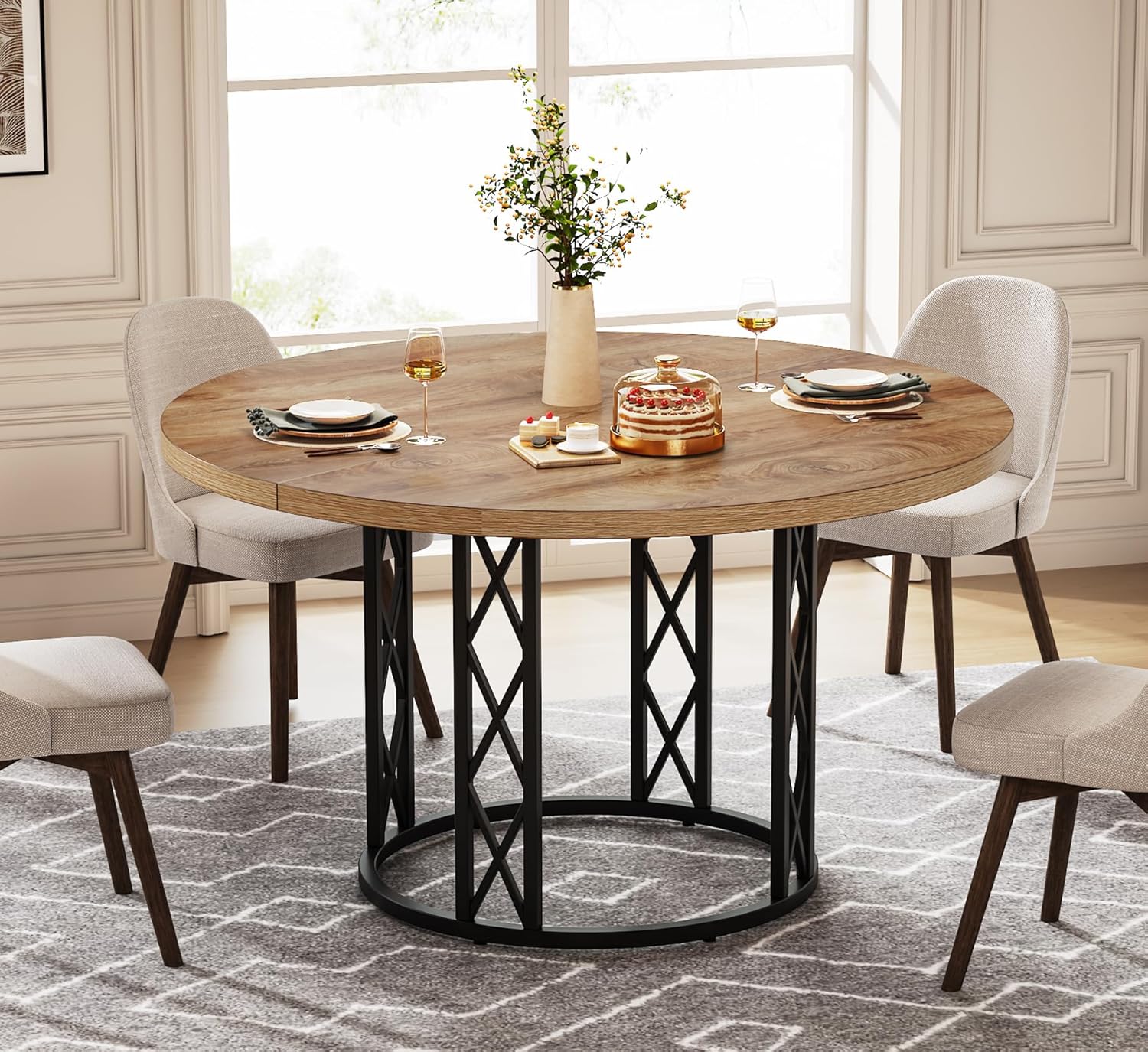 47" Round Dining Table - Rustic Wood Top & Metal Base for 4 People
