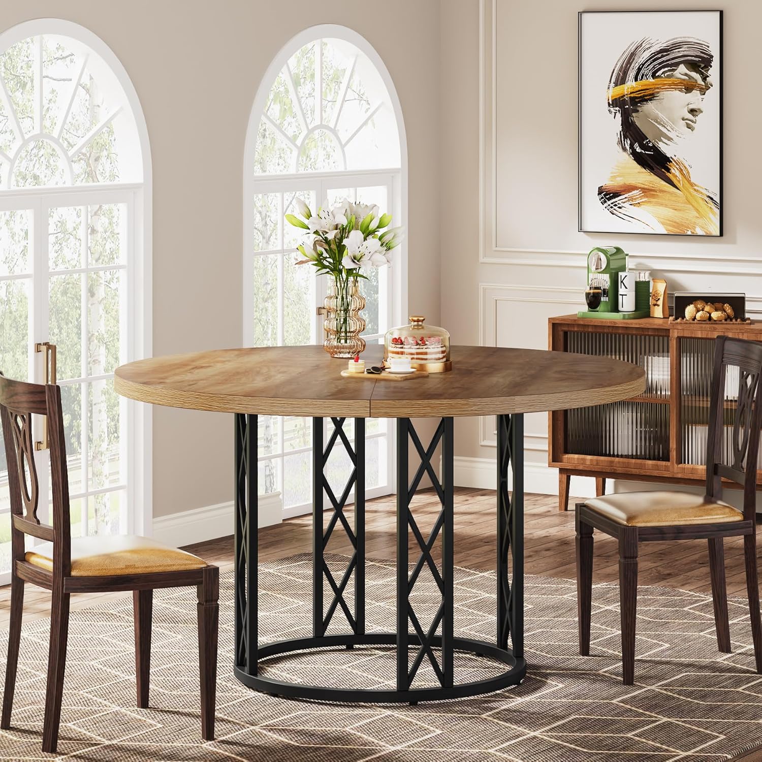 47" Round Dining Table - Rustic Wood Top & Metal Base for 4 People