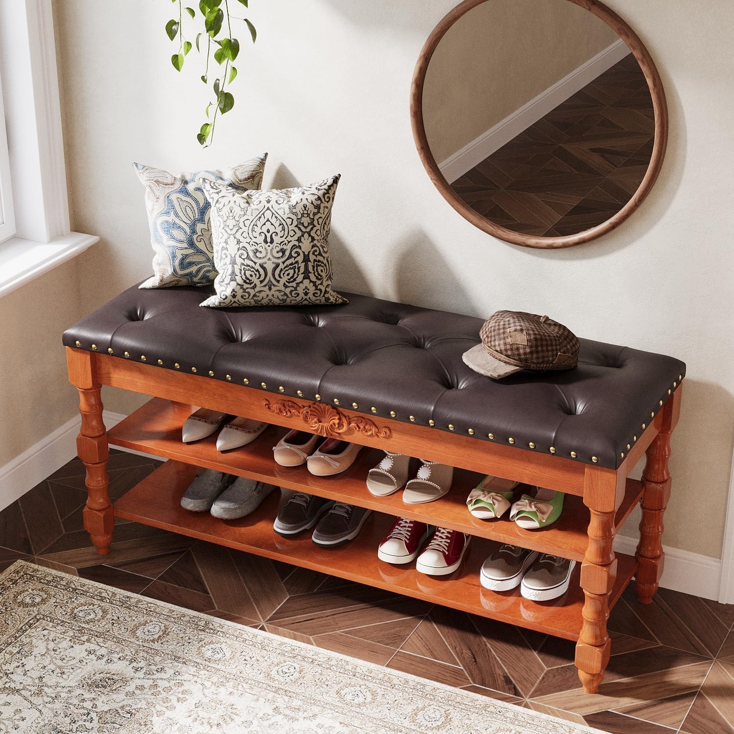 39-Inch Solid Wood Storage Bench with Lift-Top, Entryway Shoe Bench and Organizer with Hidden Compartment