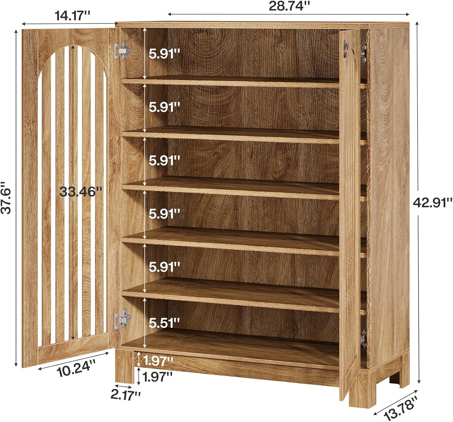 35" Oak 6-Tier Shoe Cabinet, Wooden Shoe Rack with Airy Doors & Adjustable Shelves