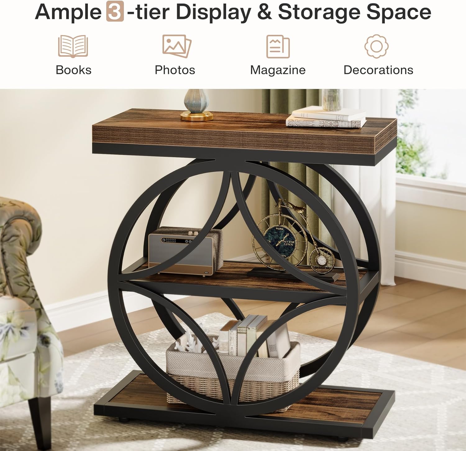 18" Industrial Side Table - 3-Tier End Table w/Metal Frame