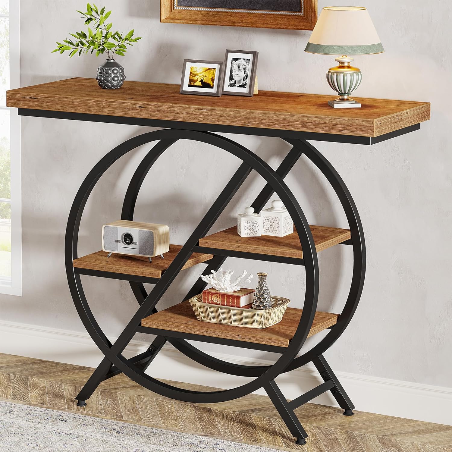 4-Tier Console Table, 39.4" Entryway Table with Geometric Metal Frame