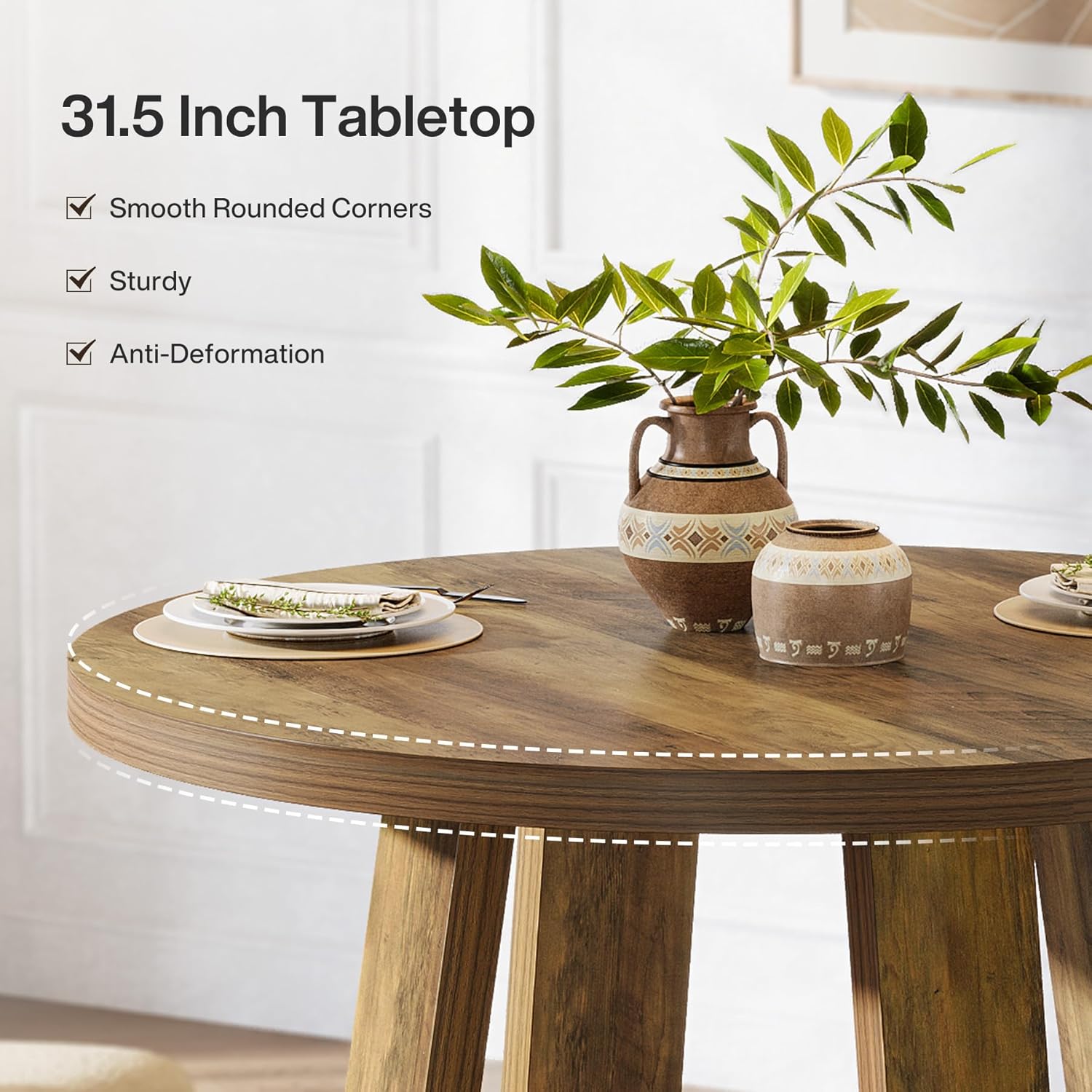 31.5" Round Farmhouse Dining Table - Rustic Brown Kitchen Table for Small Spaces