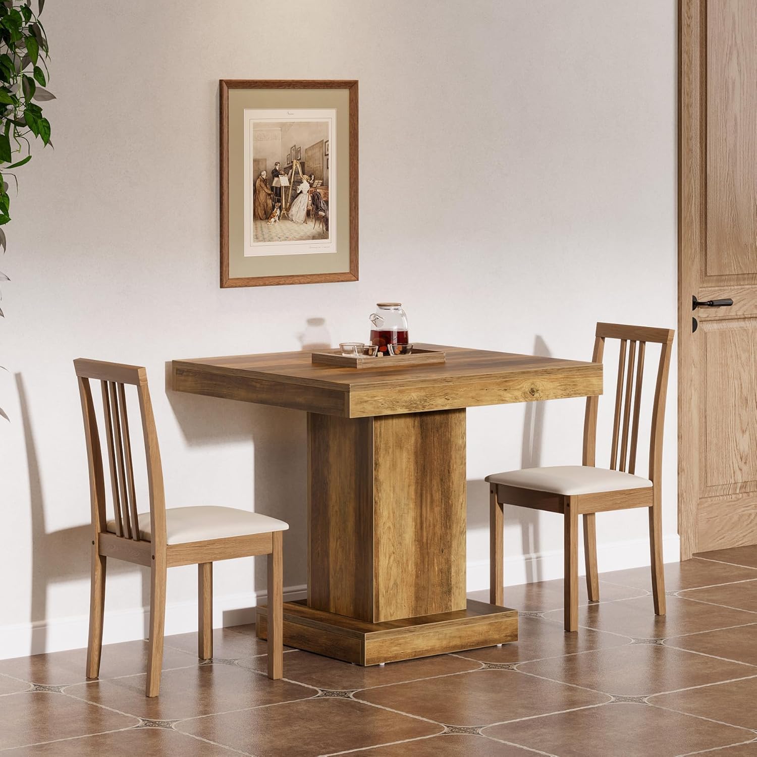 31.5-Inch Square Dining Table for 4, Farmhouse Wooden Kitchen Table with Pedestal Base