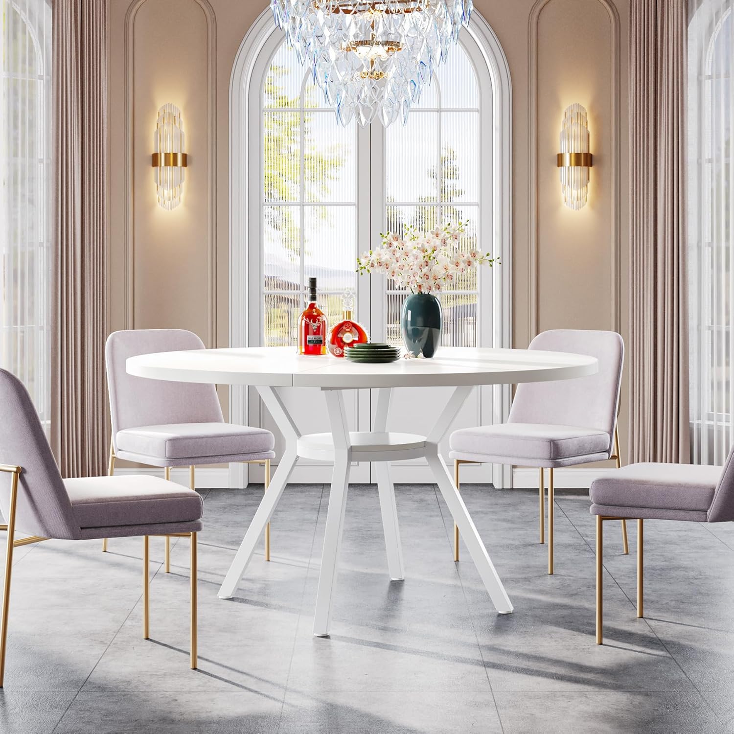 Tribesigns 47 Inch Round Dining Table, Modern White Kitchen Table for 6-8 People with Metal Legs for Dining Room