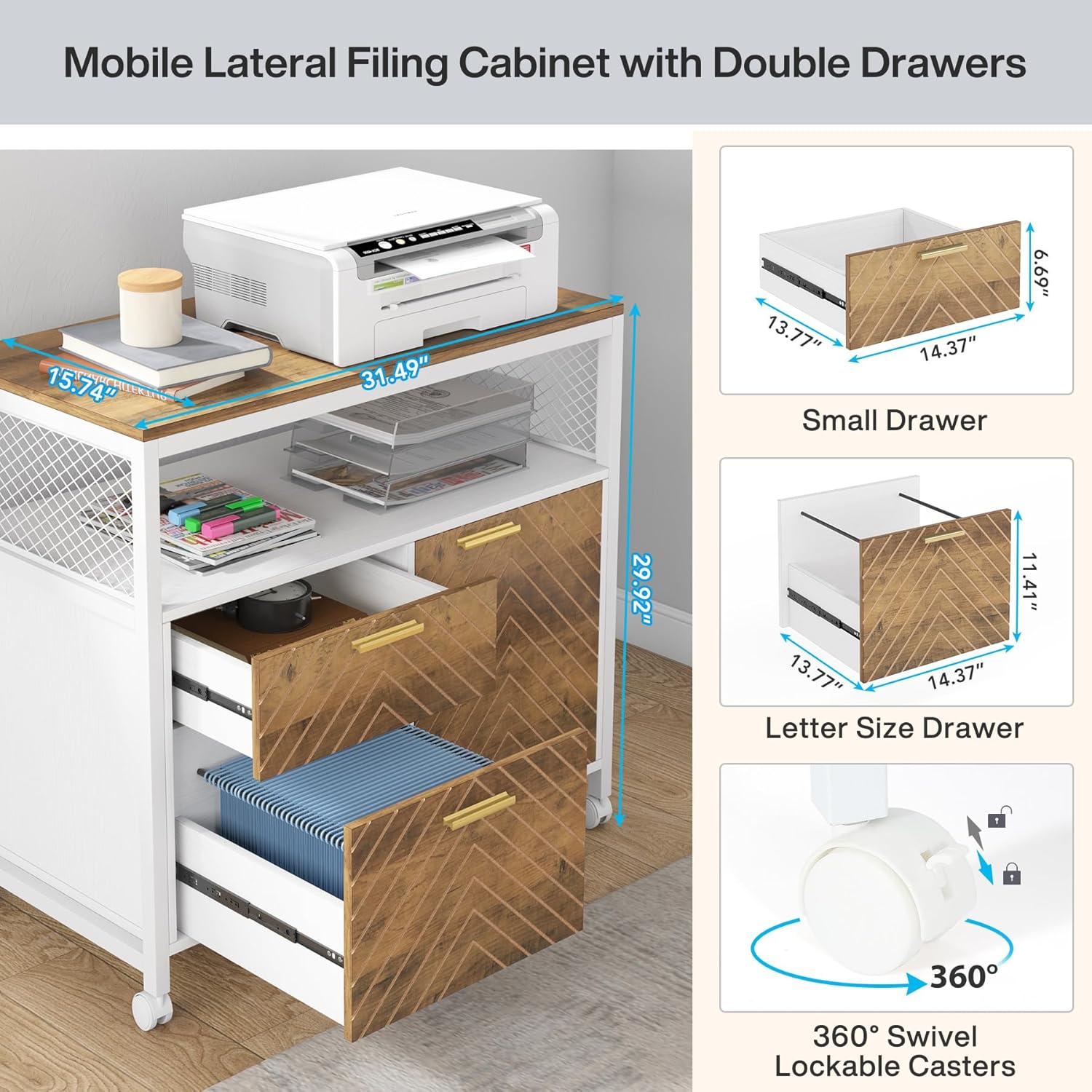 Tribesigns Modern File Cabinet with Drawers, Lateral Filing Cabinet Printer Stand with Storage Shelves and Rolling Casters for Home Office