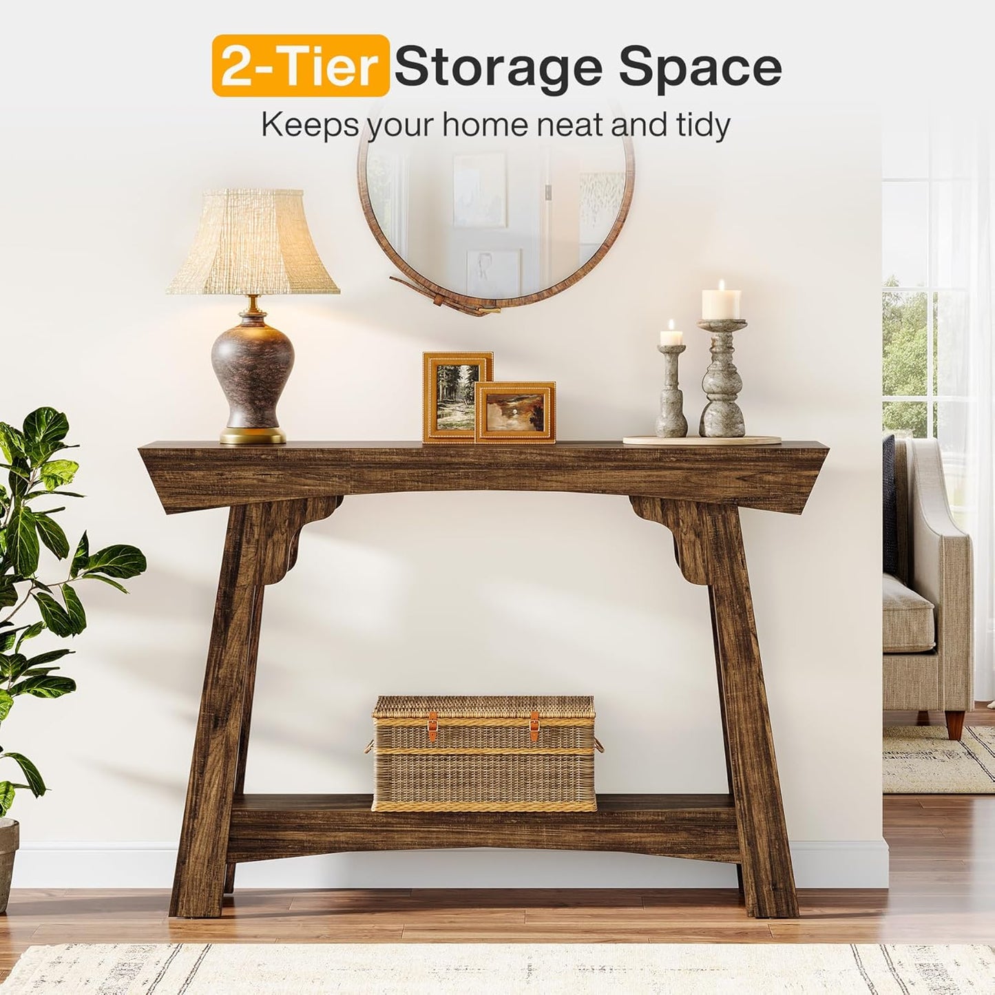 2-Tier Wood Entryway Table with Shelf with Storage, Farmhouse Narrow Sofa Table