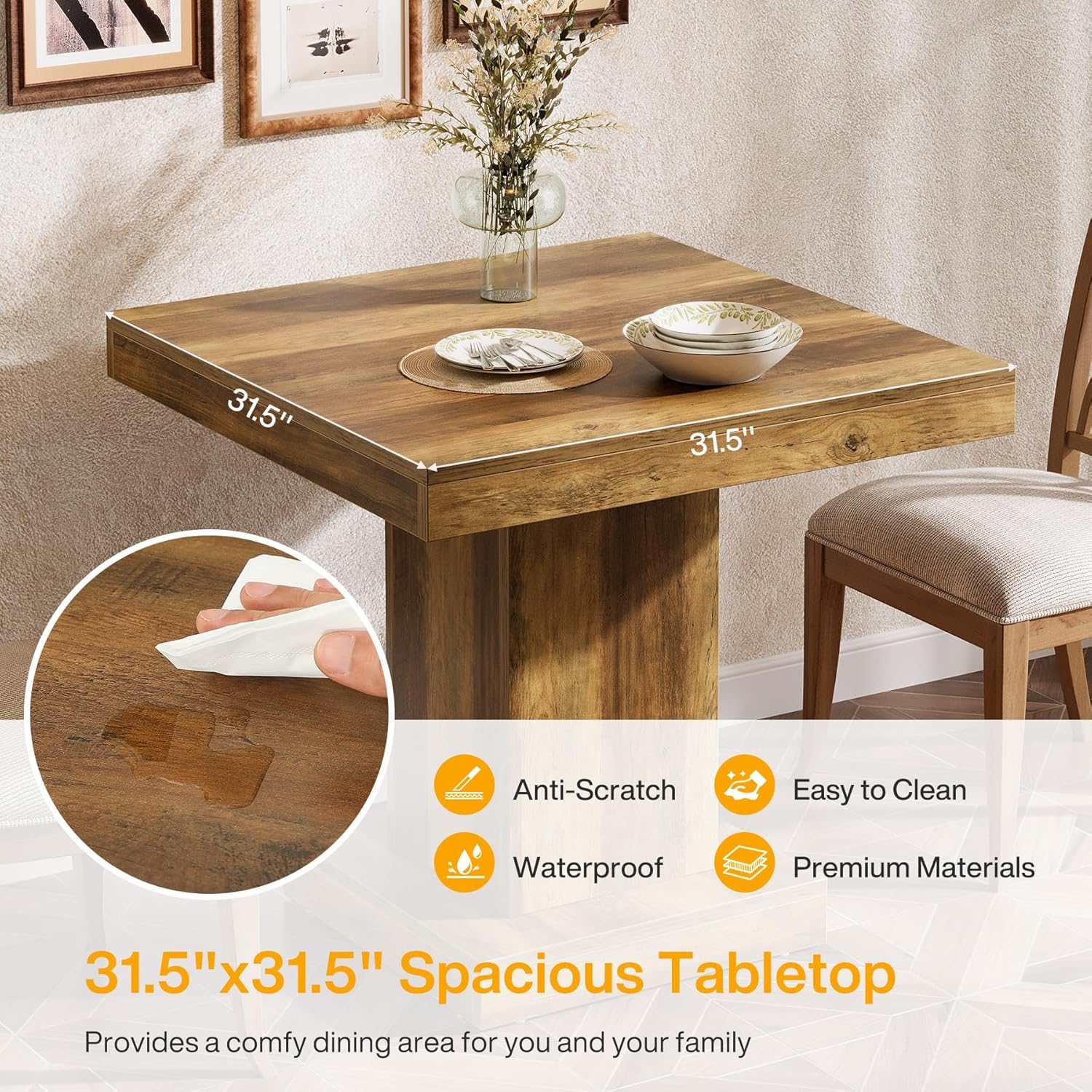 31.5-Inch Square Dining Table for 4, Farmhouse Wooden Kitchen Table with Pedestal Base