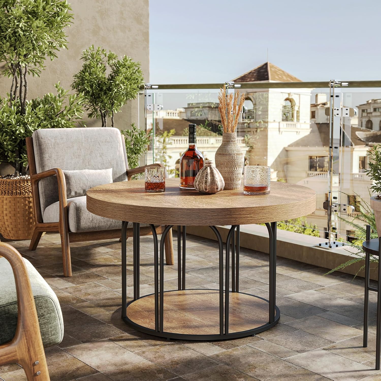 31.5-Inch Round Coffee Table with 2 Tiers and Storage, Farmhouse Wooden Center Table