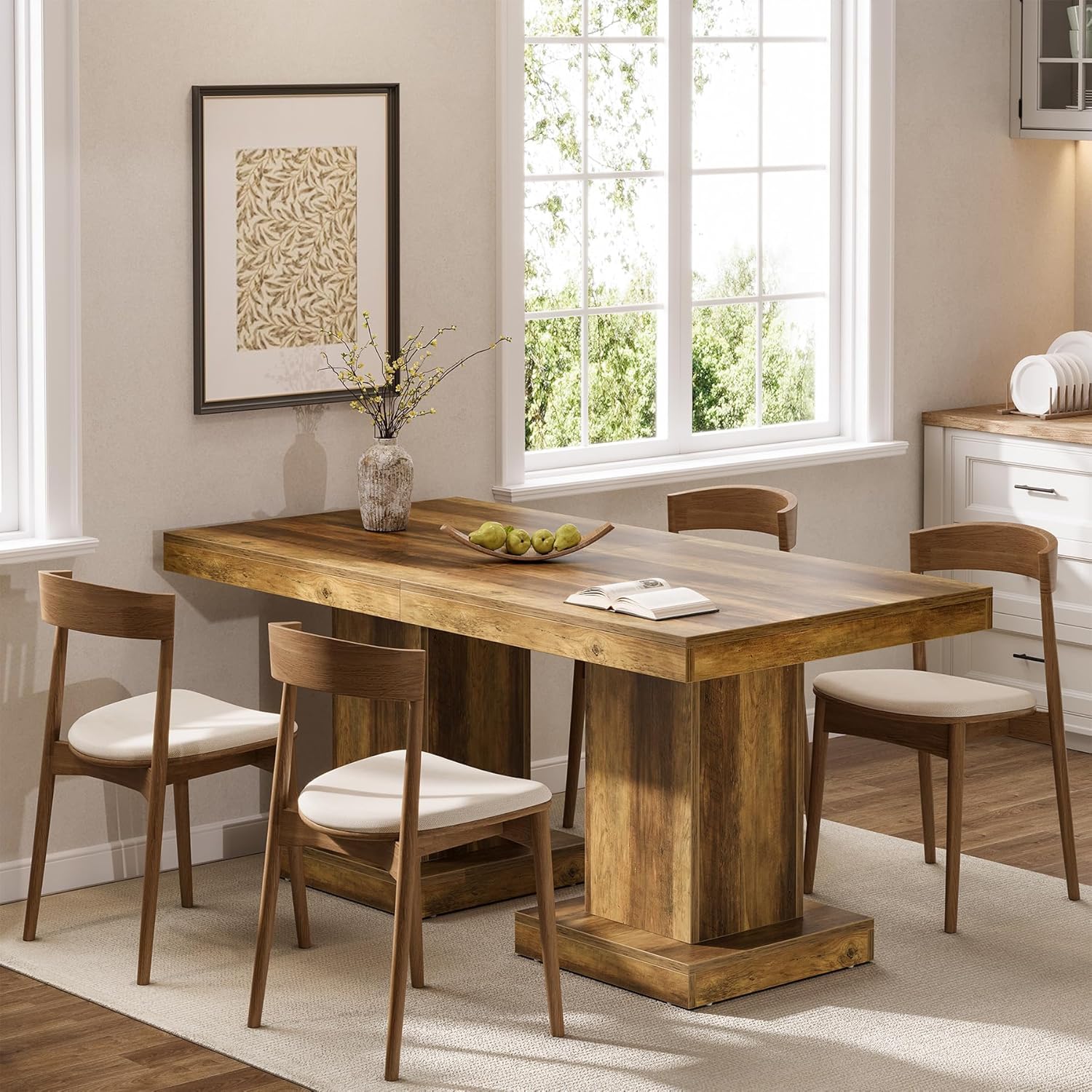 31.5-Inch Square Dining Table for 4, Farmhouse Wooden Kitchen Table with Pedestal Base