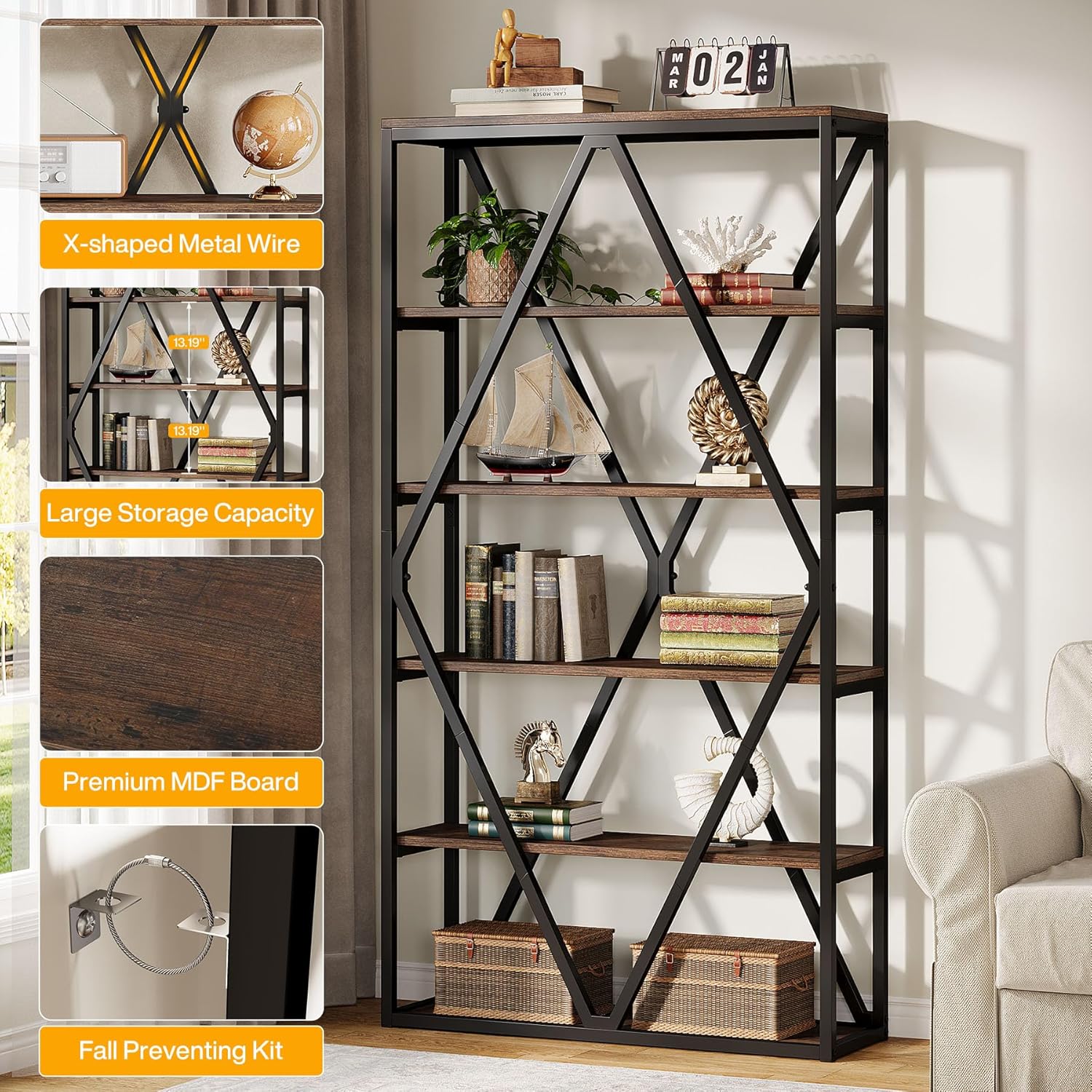 71" Bookshelf, Freestanding 6-Tier Bookcase Etagere Display Shelf