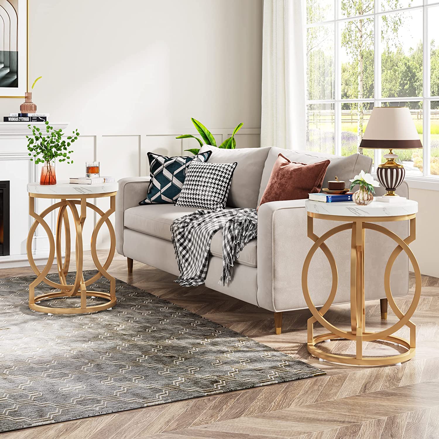 End Table, Round Side Table with Faux Marble Top, Modern Bedside Table Tribesigns