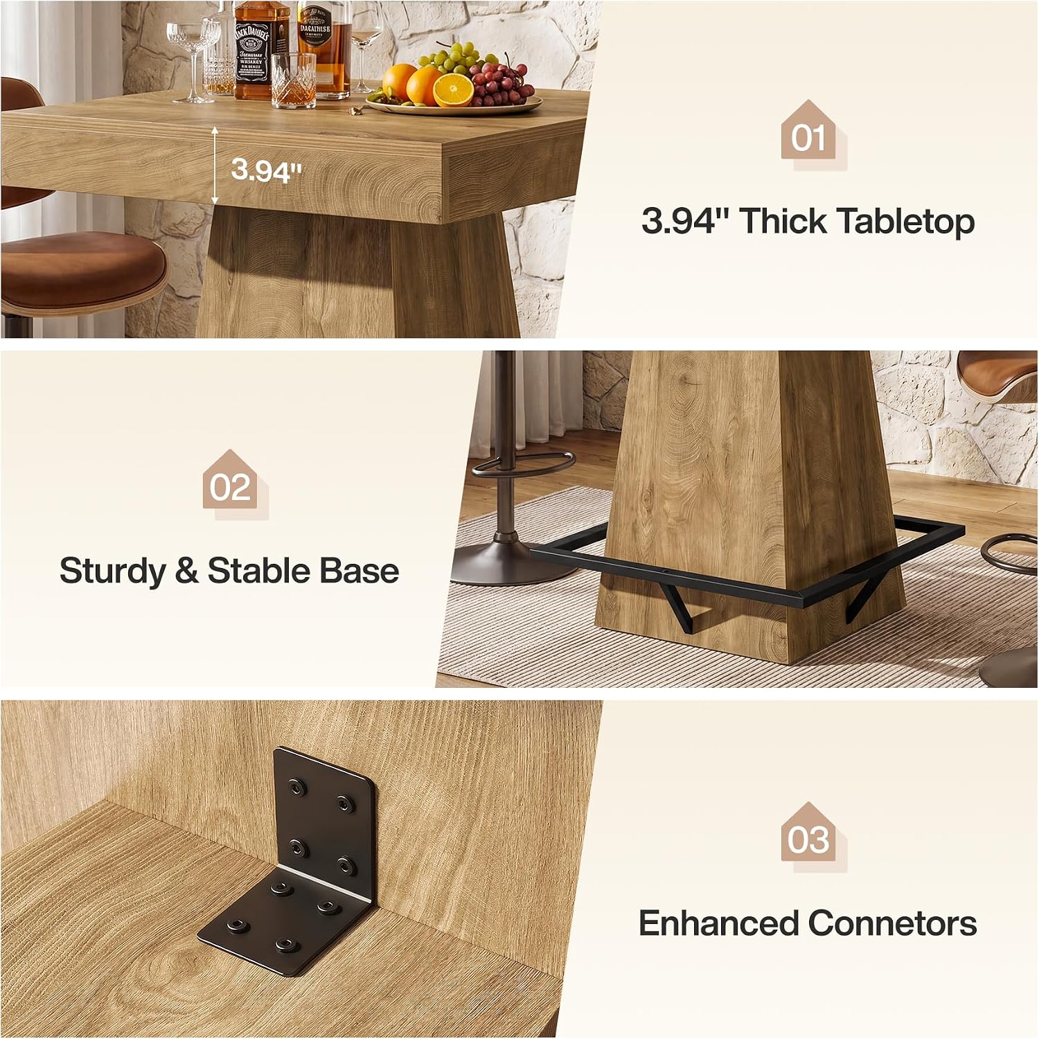 31.5-Inch Square Bar Table with 37.4-Inch Height and Metal Footrest for Dining Room and Bistro
